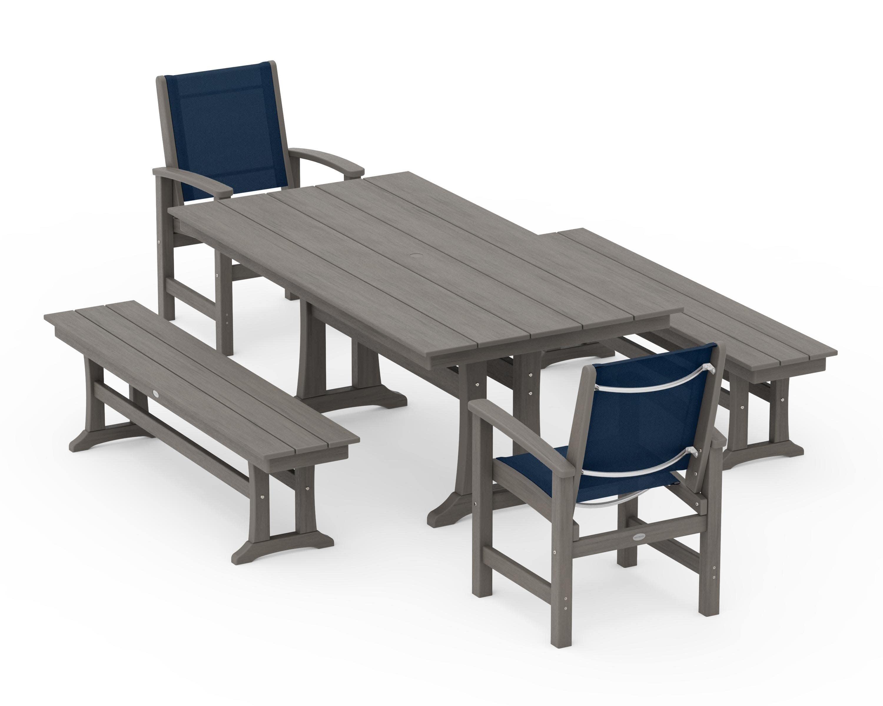 Coastal 5-Piece Farmhouse Dining Set with Trestle Legs and Benches in Driftwood / Navy Blue Sling