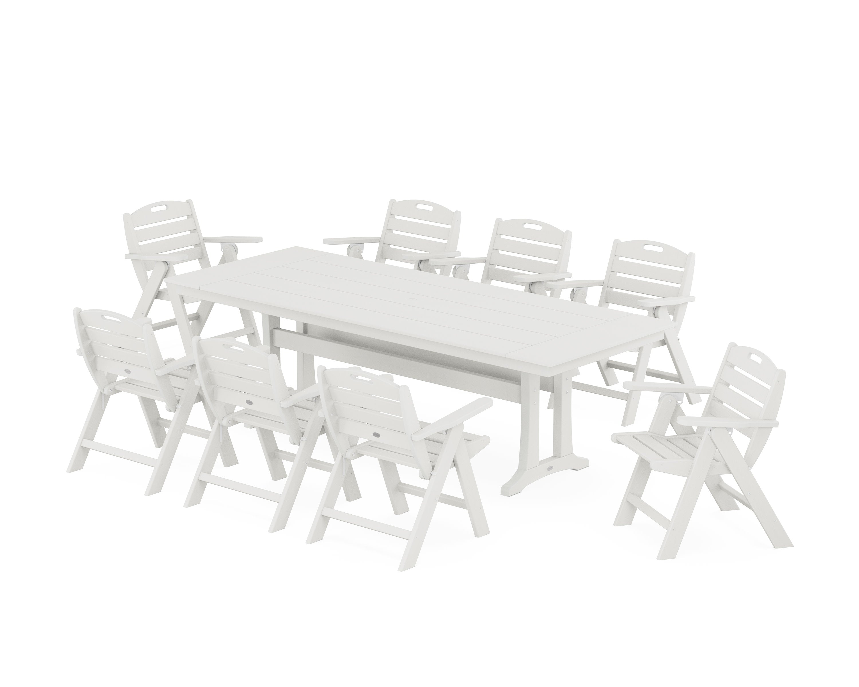 Nautical Lowback 9-Piece Farmhouse Dining Set with Trestle Legs in Vintage White