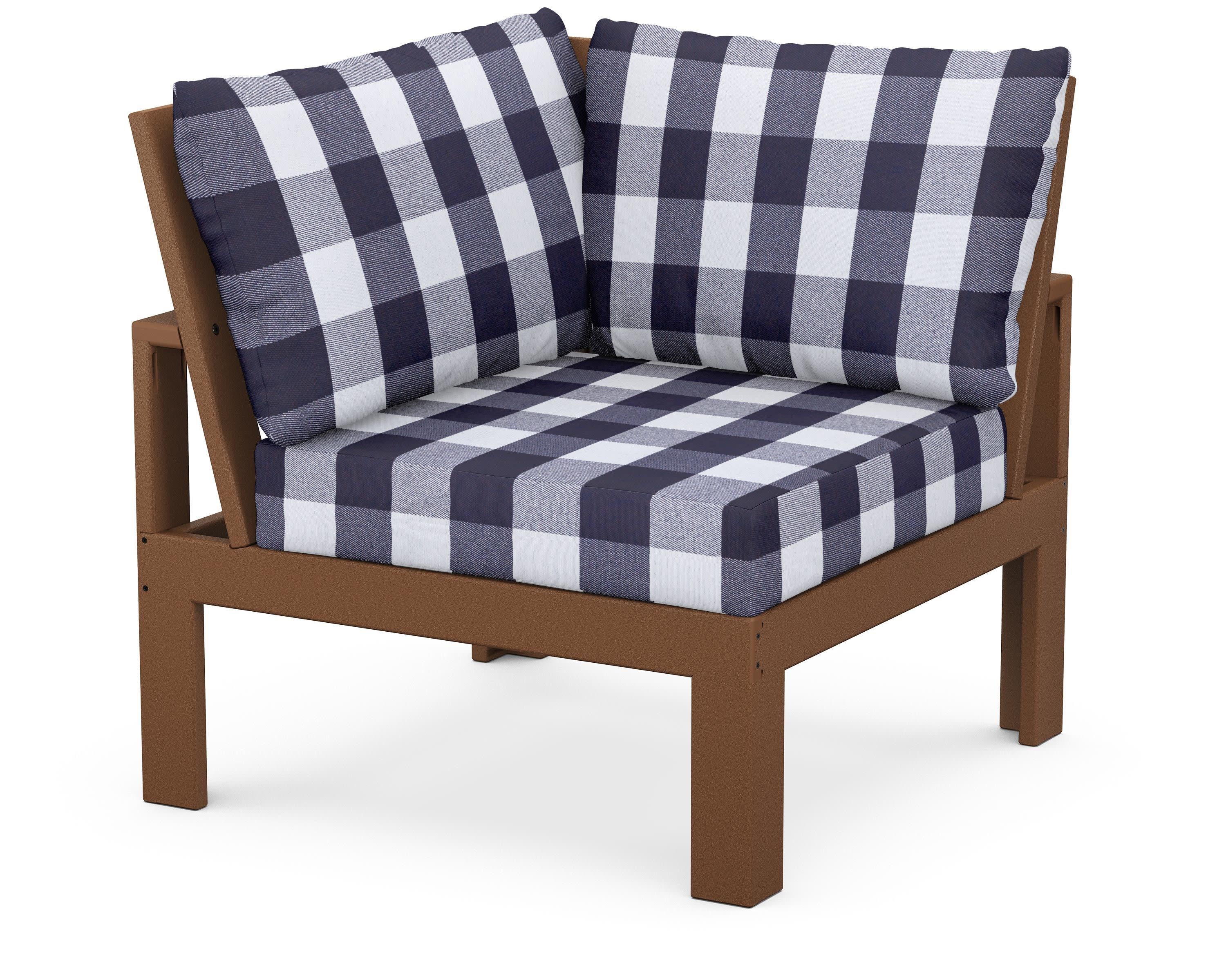 Modular Corner Chair in Teak / Buffalo Plaid Navy