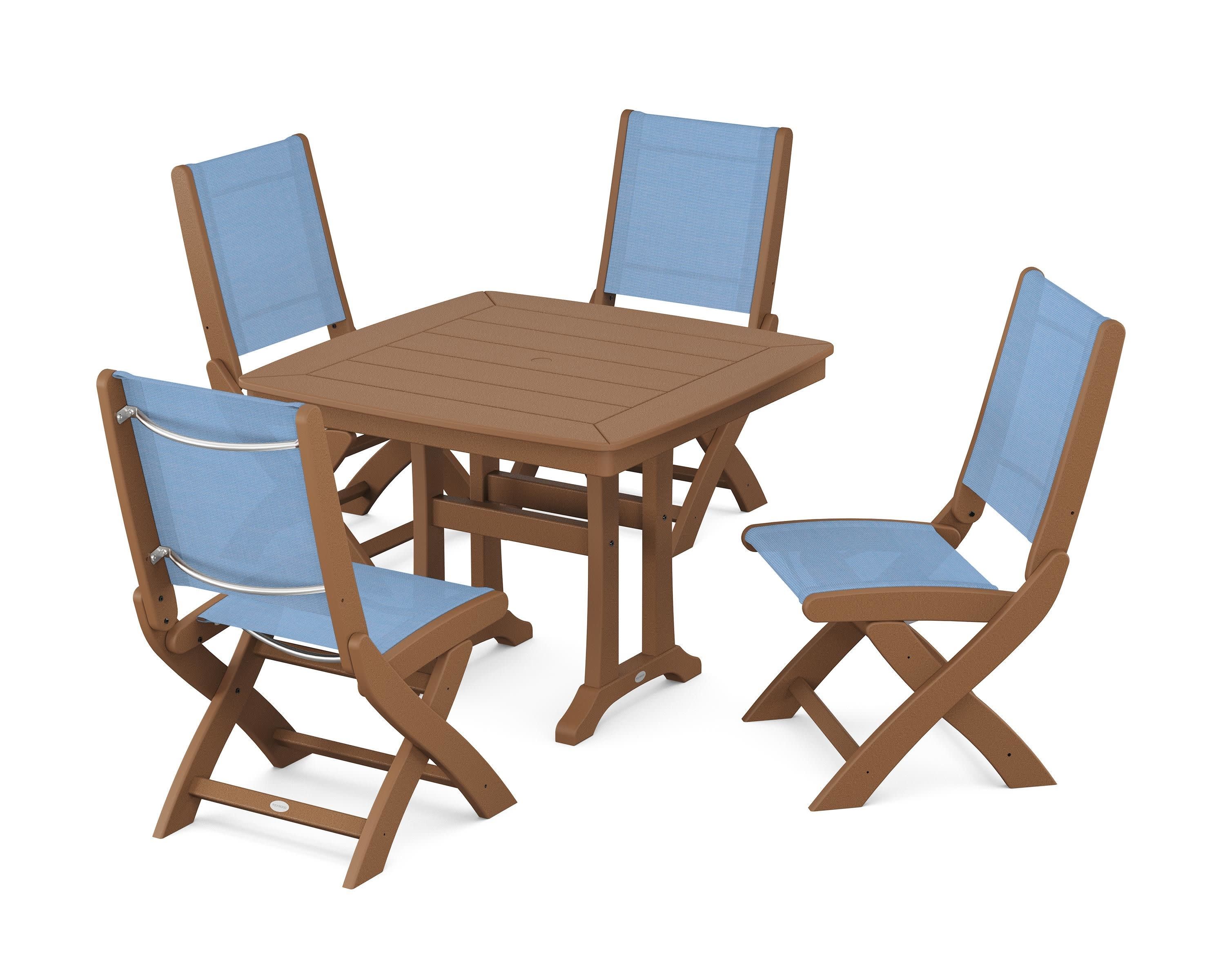 Coastal Folding Side Chair 5-Piece Dining Set with Trestle Legs in Teak / Poolside Sling