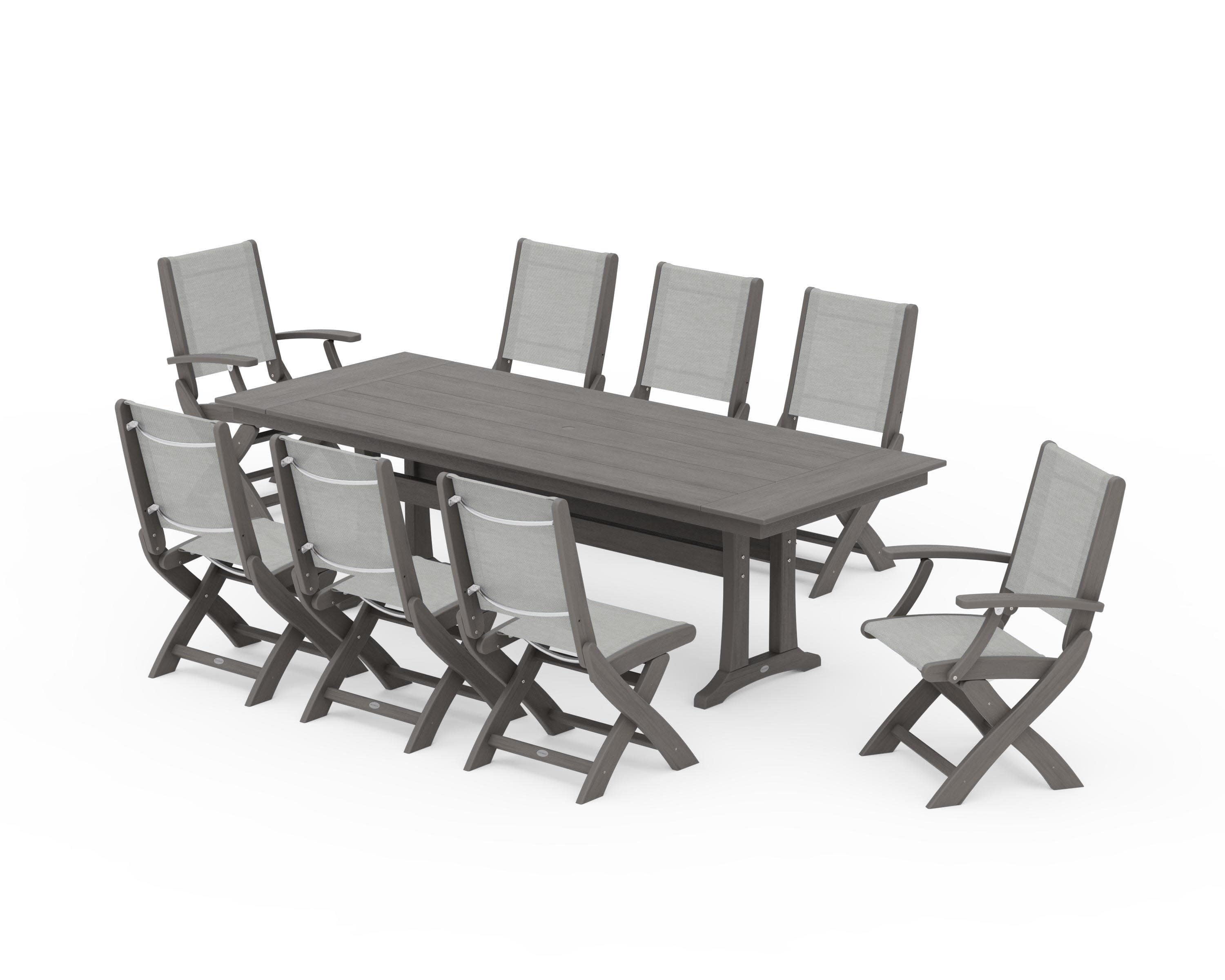 Coastal 9-Piece Folding Dining Chair Farmhouse Dining Set with Trestle Legs in Driftwood / Metallic Sling