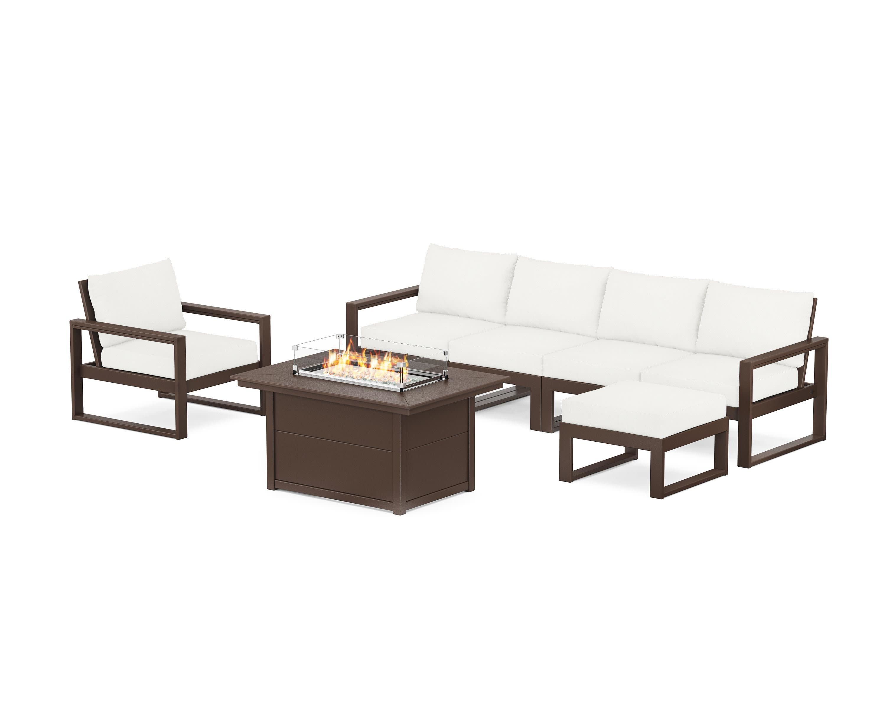 EDGE Sectional Lounge and Fire Pit Set in Mahogany / Natural Linen