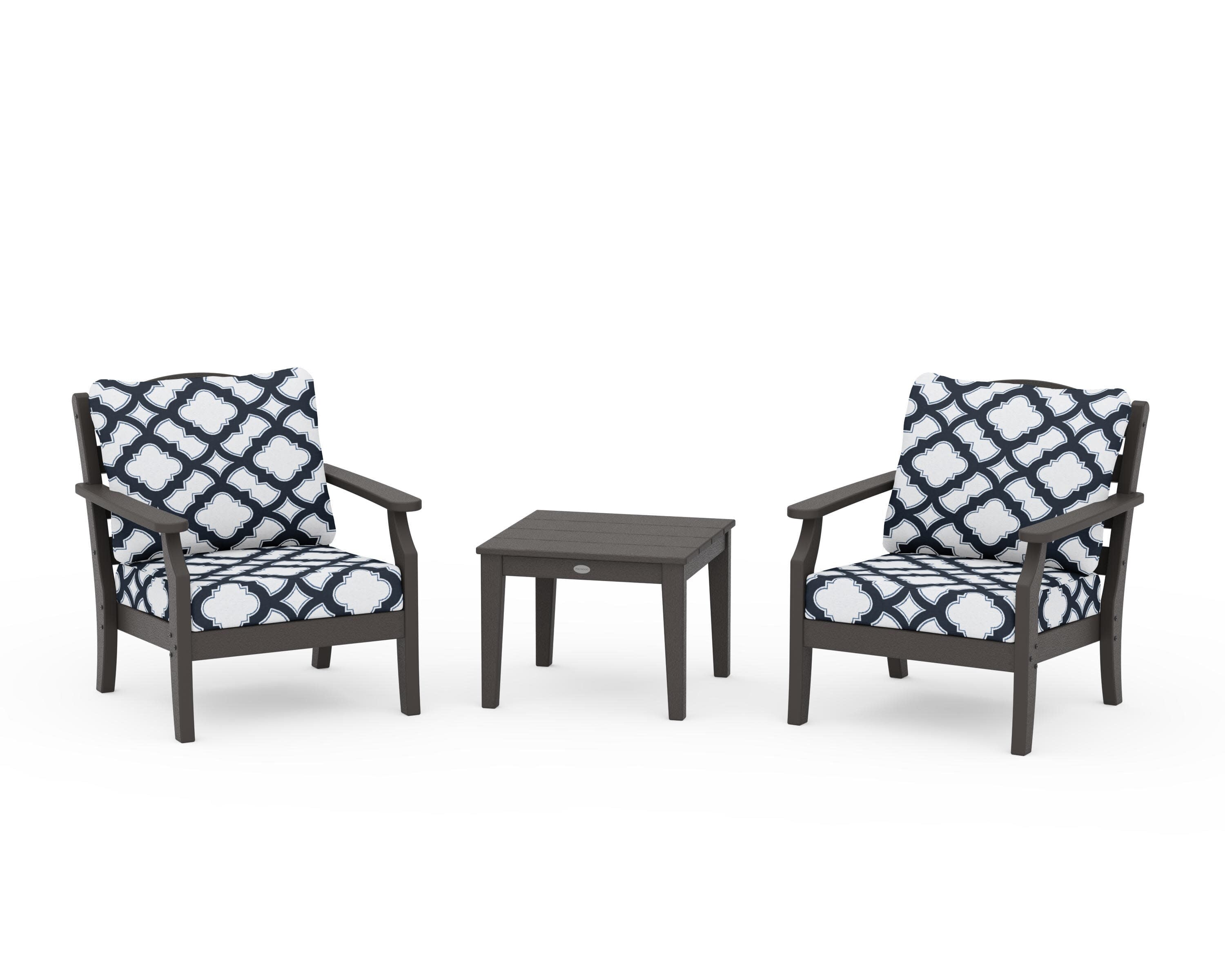 Savannah 3-Piece Deep Seating Set in Vintage Coffee / Trellis Marine Indigo