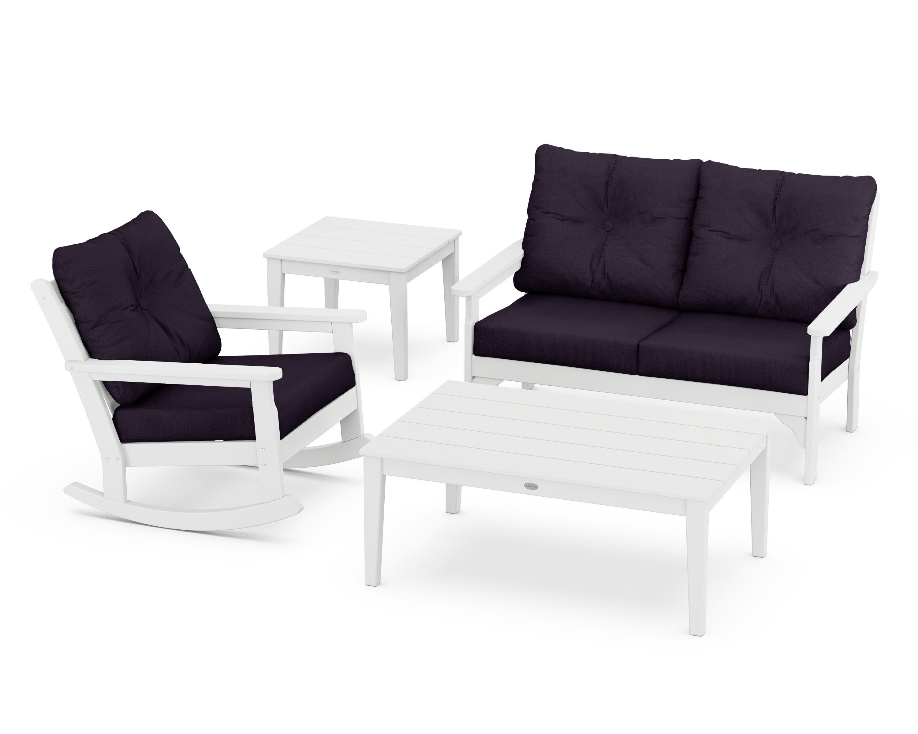 Vineyard 4-Piece Deep Seating Rocker Set in White / Navy Linen
