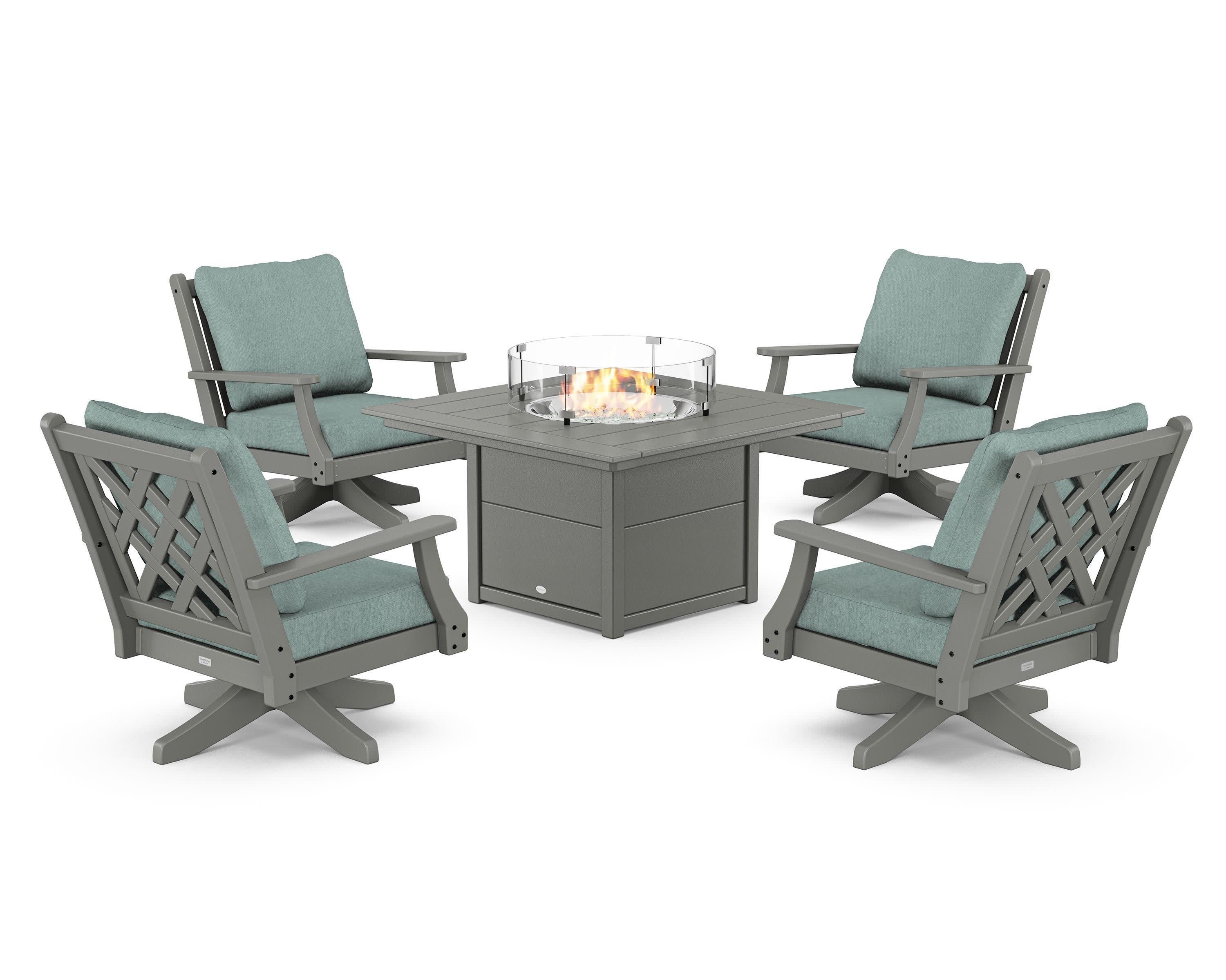Wovendale 5-Piece Deep Seating Swivel Conversation Set with Fire Pit Table in Slate Grey / Glacier Spa