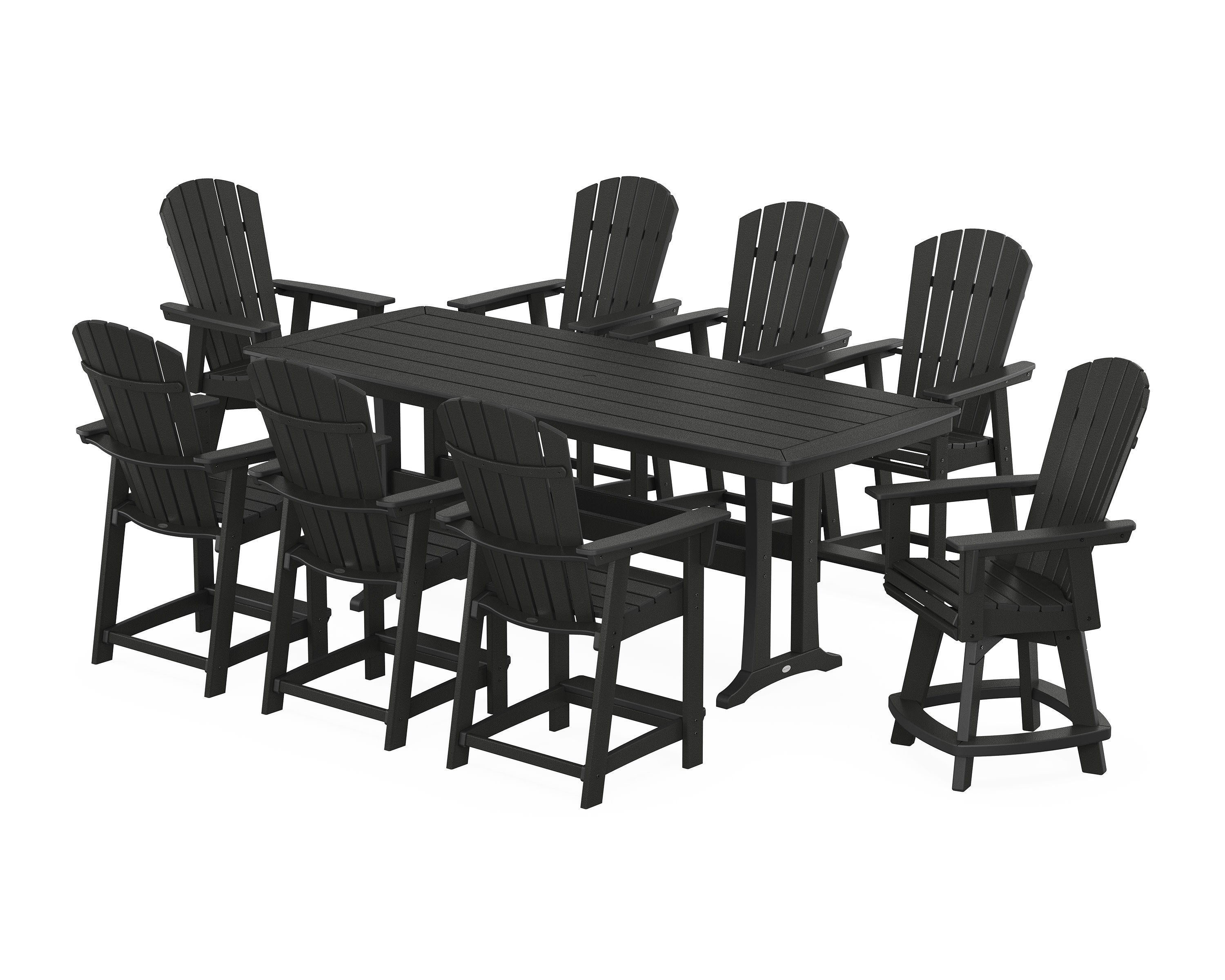 Nautical Curveback Adirondack Swivel 9-Piece Counter Set with Trestle Legs in Black