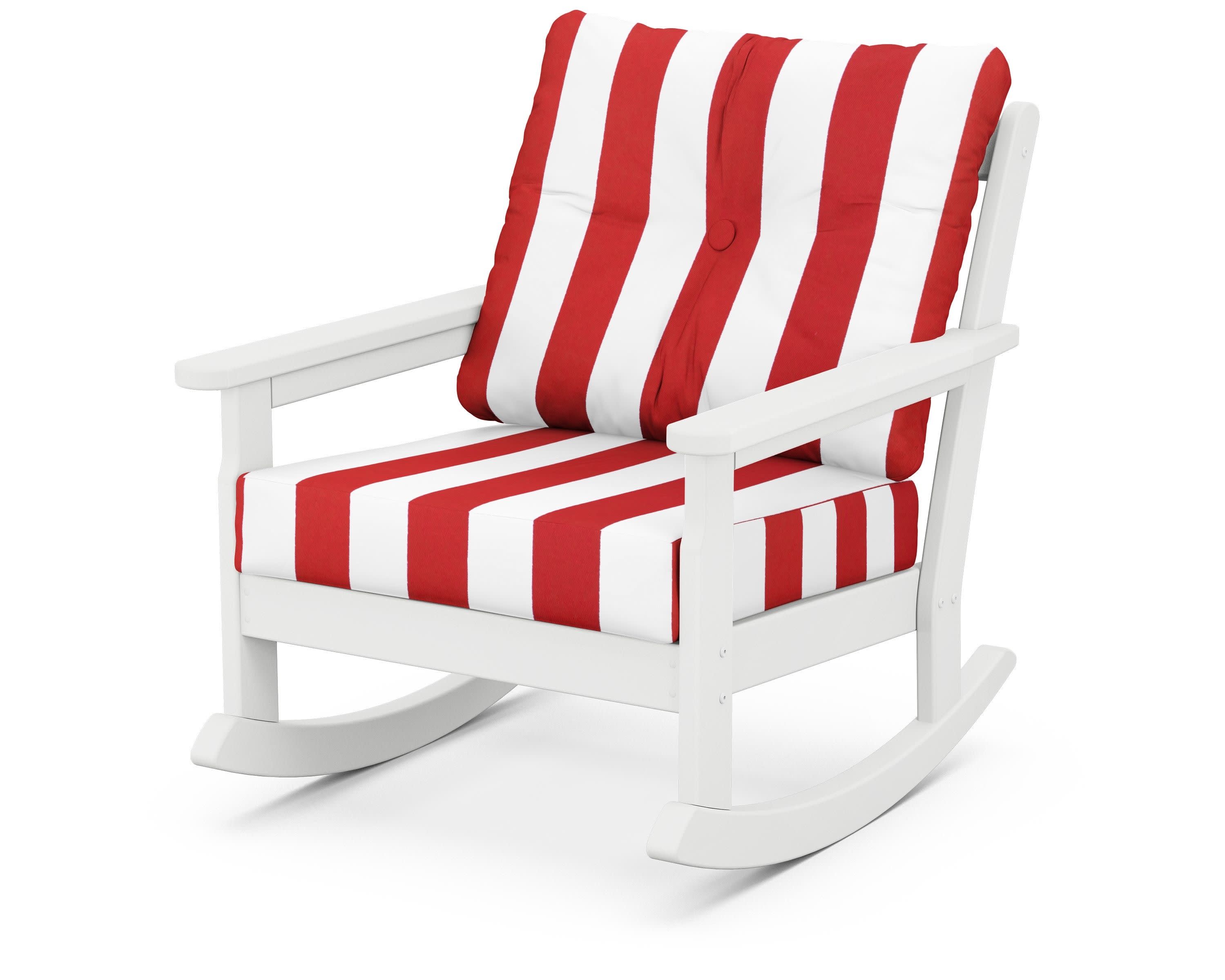 Vineyard Deep Seating Rocking Chair in White / Cabana Stripe Crimson