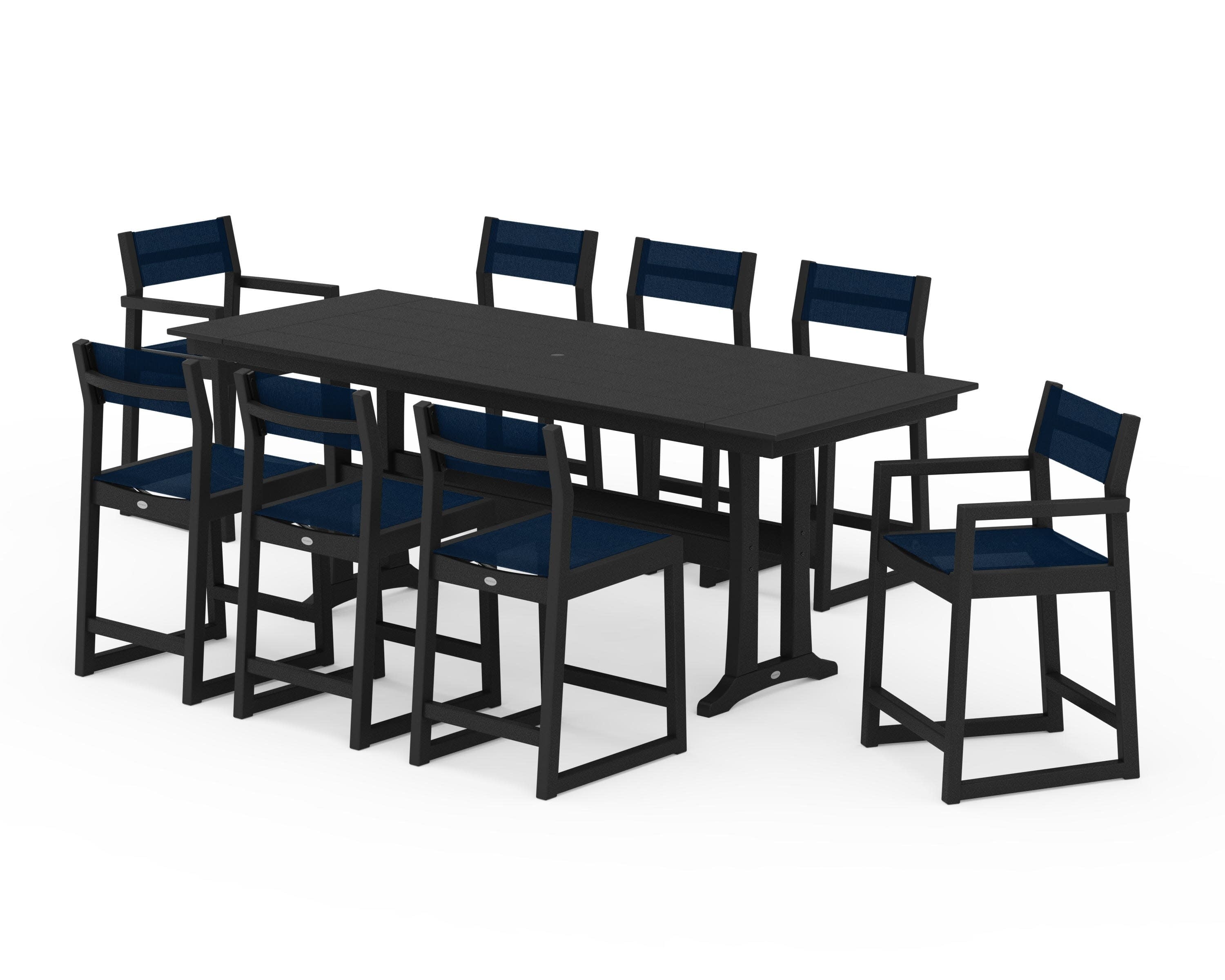 EDGE Sling 9-Piece Farmhouse Counter Set with Trestle Legs in Black / Navy Blue Sling