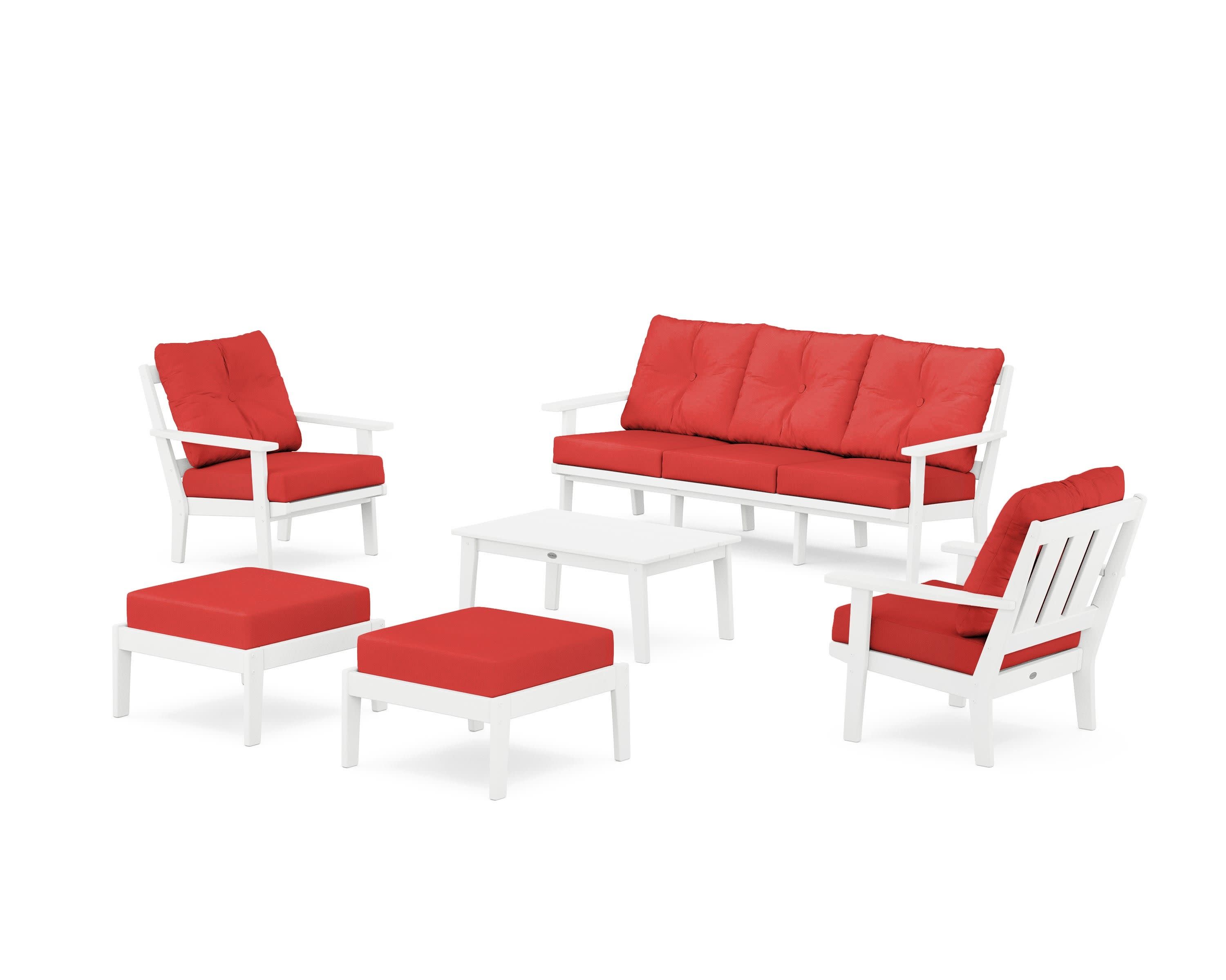 Oxford 6-Piece Lounge Sofa Set in White / Crimson Linen