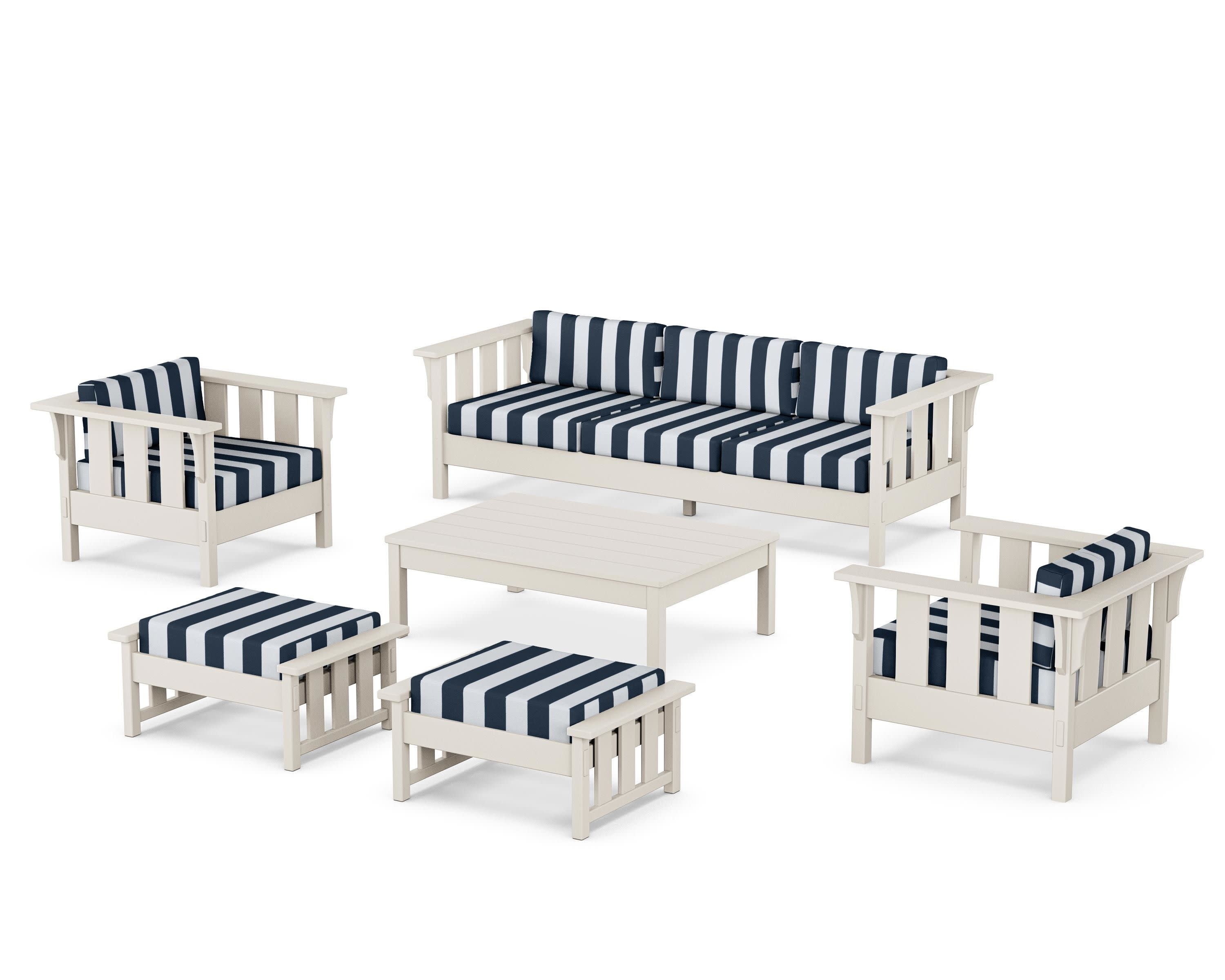 Acadia 6-Piece Lounge Sofa Set in Sand / Cabana Stripe Marine Indigo