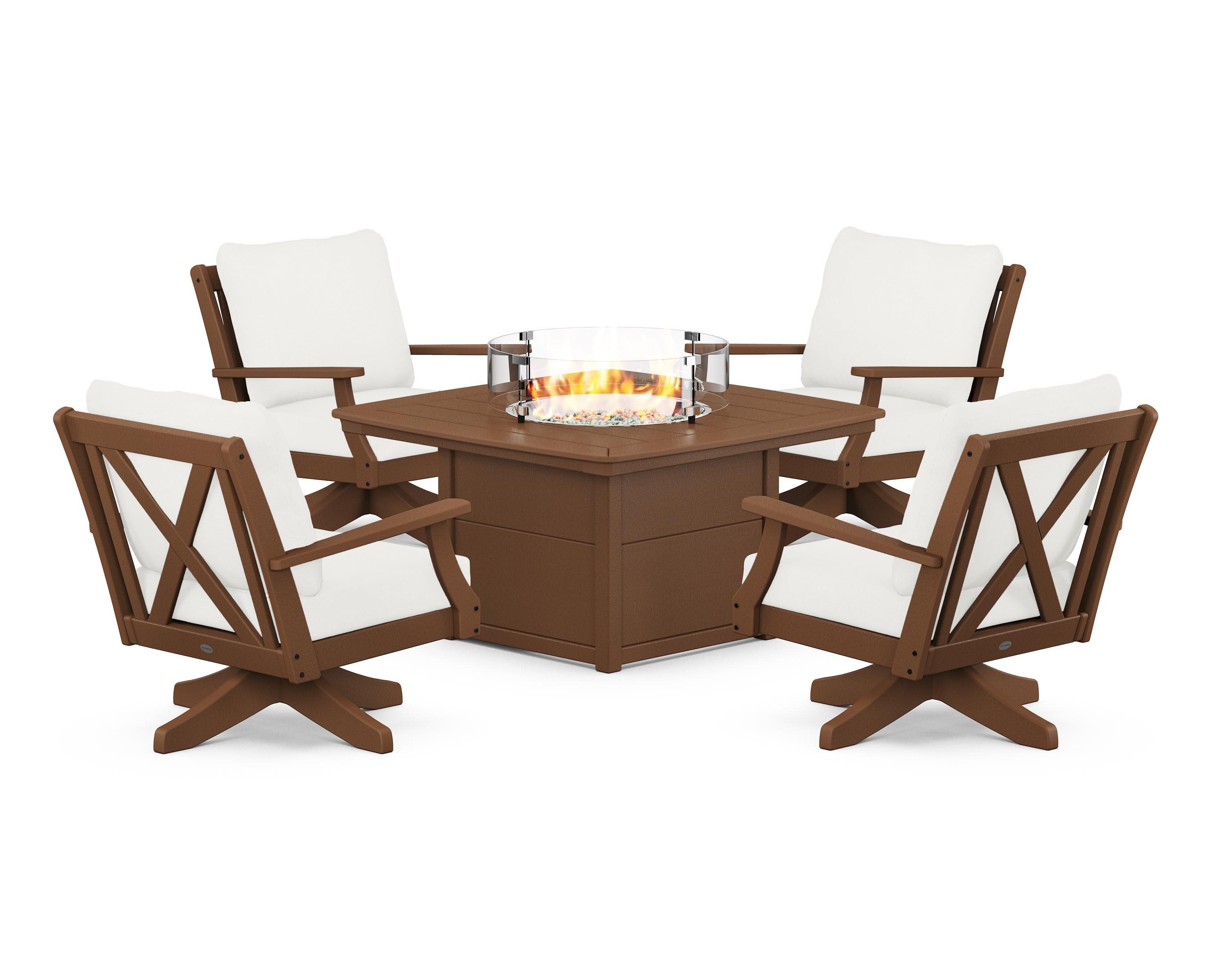 Braxton 5-Piece Deep Seating Swivel Conversation Set with Fire Pit Table in Teak / Natural Linen