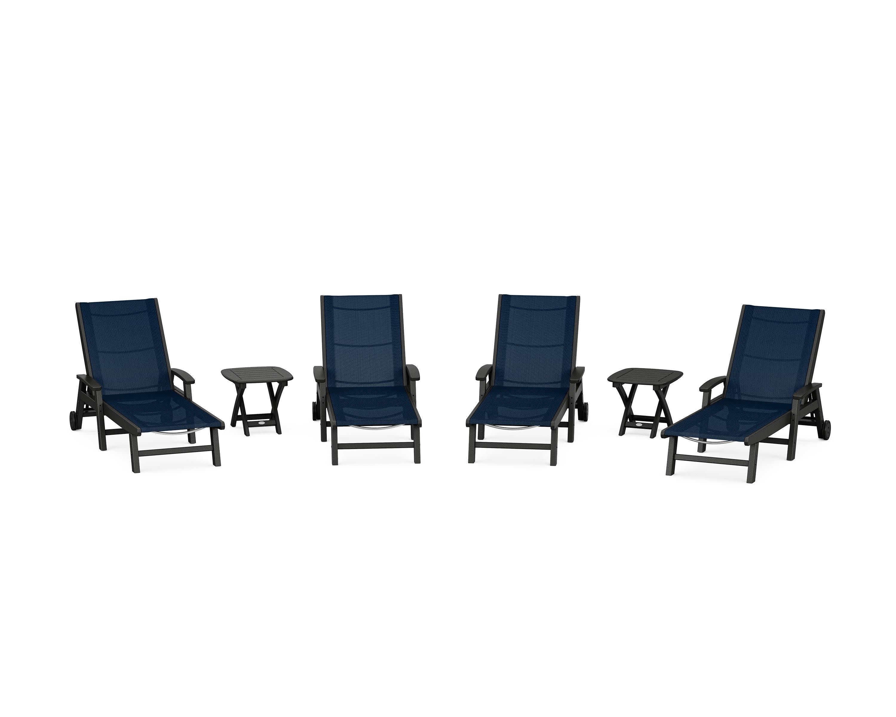 Coastal Chaise 6-Piece Set with Wheels in Black / Navy Blue Sling