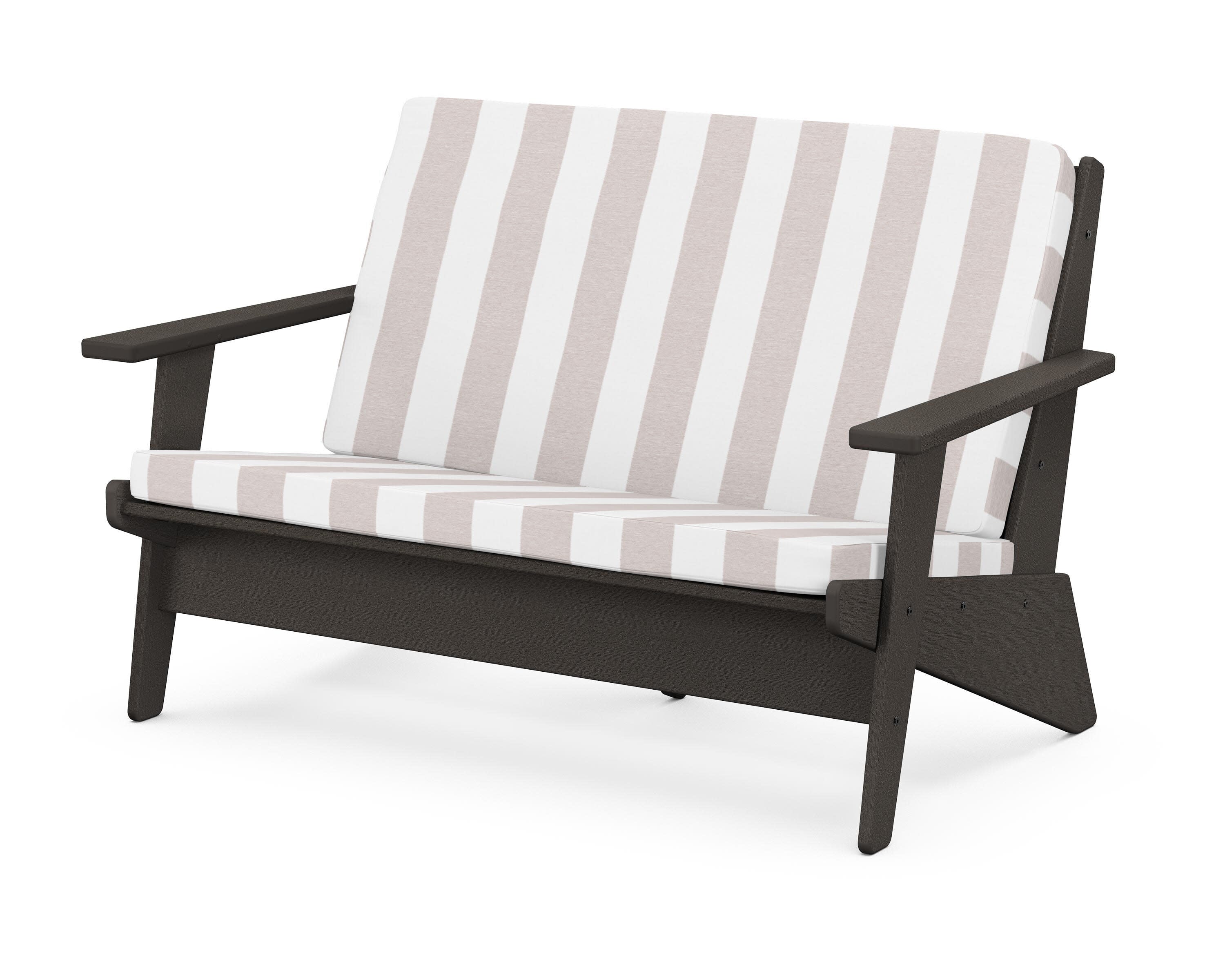 Riviera Modern Lounge Loveseat in Vintage Coffee / Cabana Stripe Dune Burlap