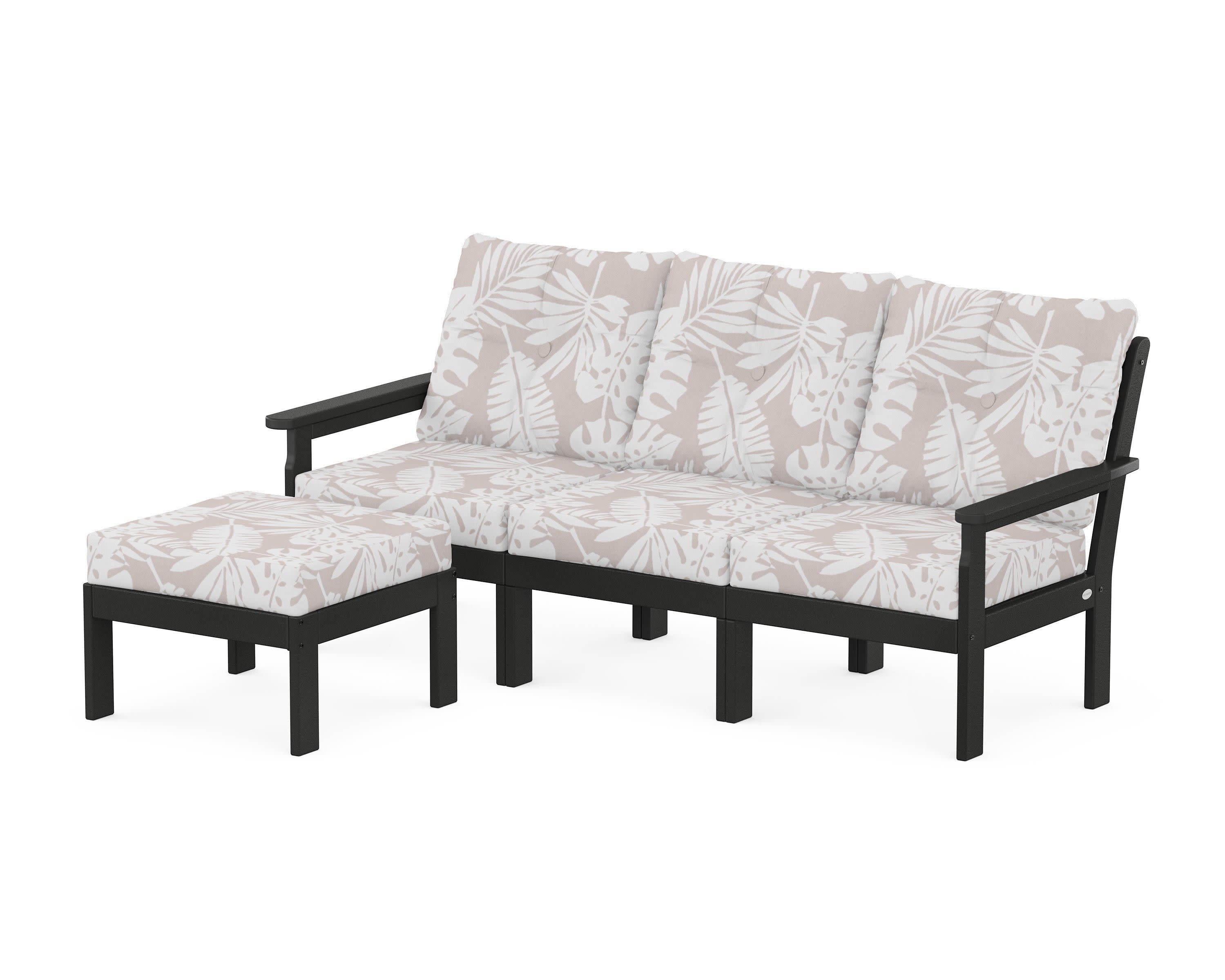 Vineyard 4-Piece Sectional with Ottoman in Black / Leaf Dune Burlap