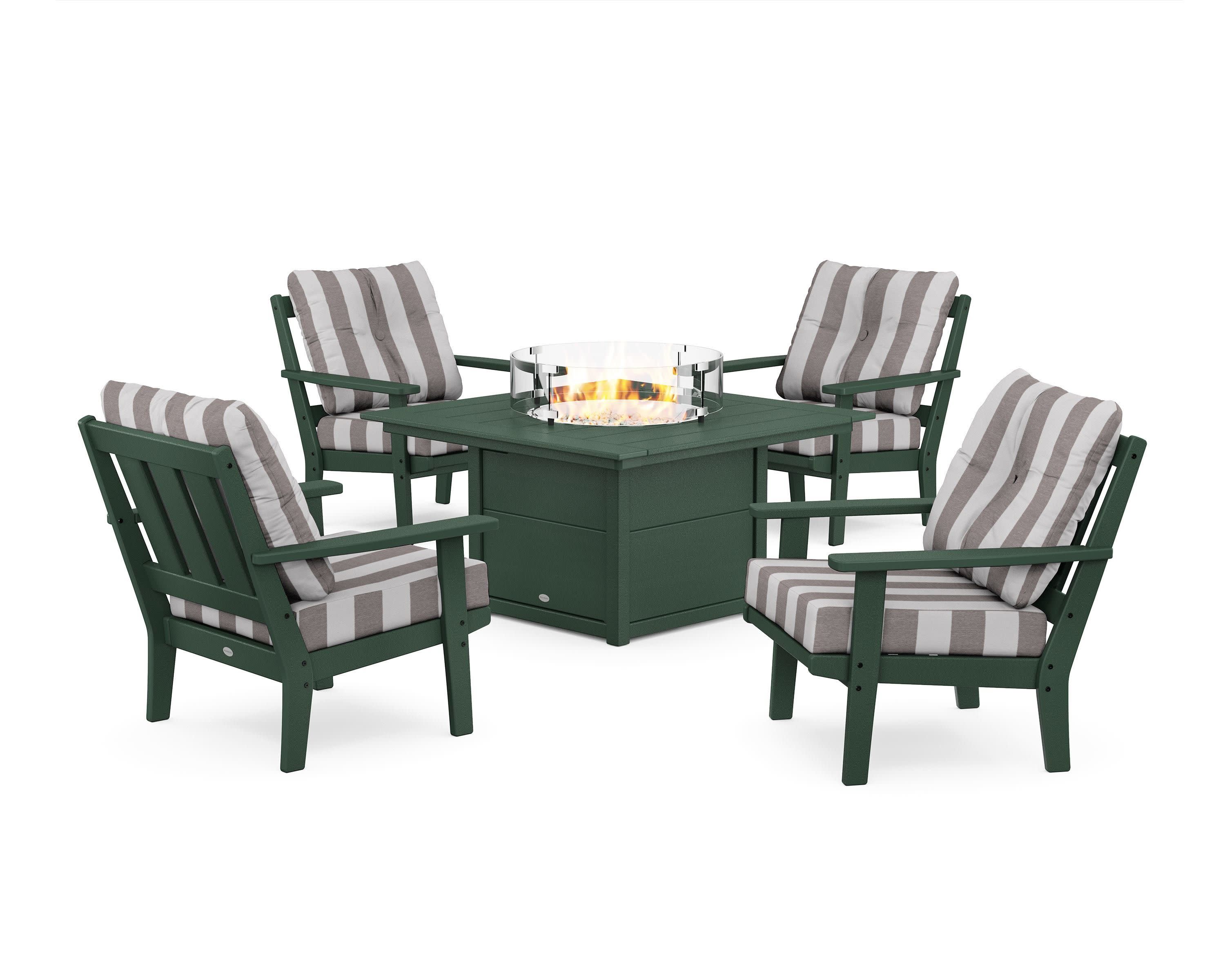 Oxford 5-Piece Deep Seating Set with Fire Pit Table in Green / Cabana Stripe Grey Mist