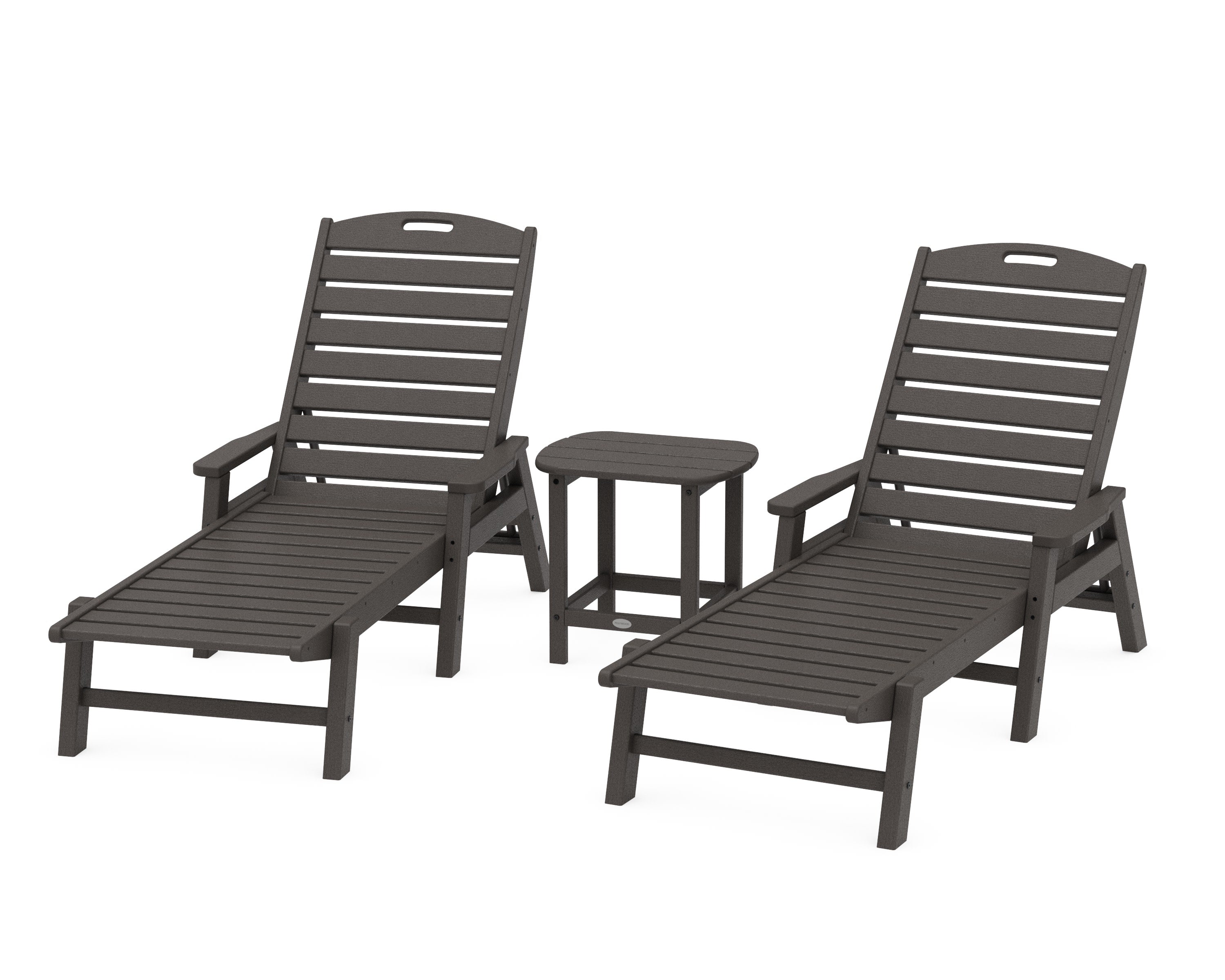 Nautical 3-Piece Chaise Lounge with Arms Set with South Beach 18" Side Table in Vintage Coffee
