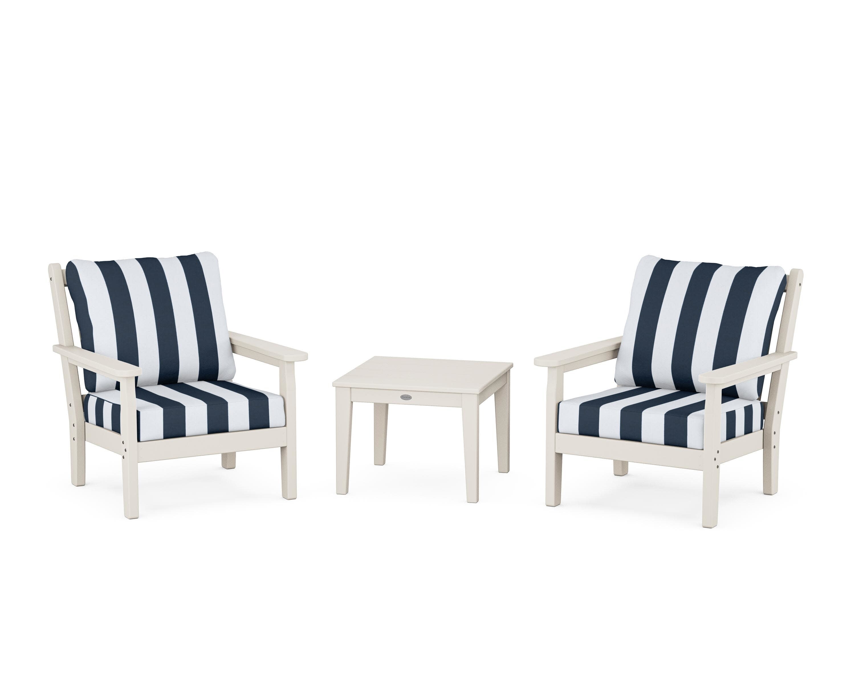 Chippendale 3-Piece Deep Seating Set in Sand / Cabana Stripe Marine Indigo