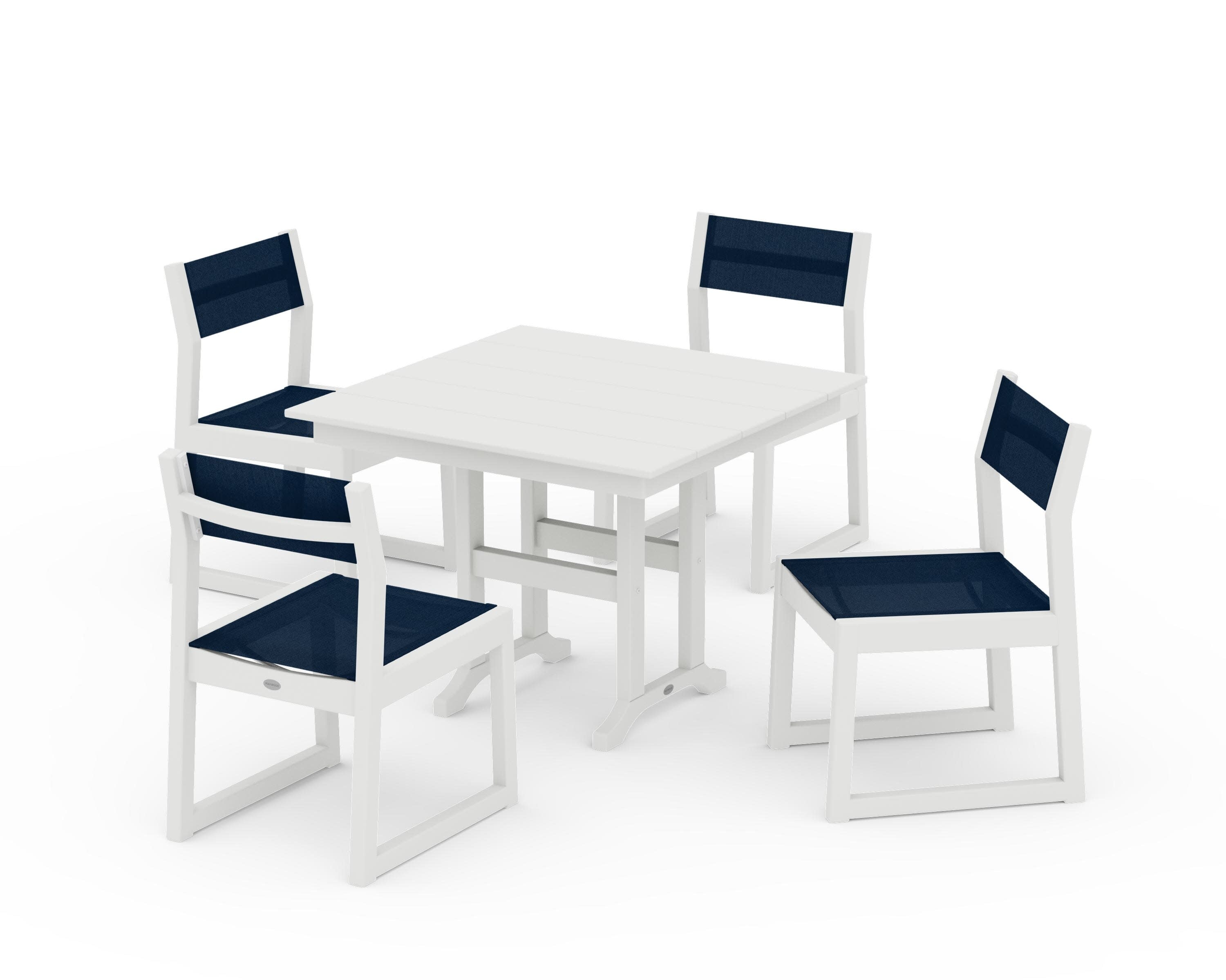 EDGE Sling Side Chair 5-Piece Farmhouse Dining Set in Vintage White / Navy Blue Sling