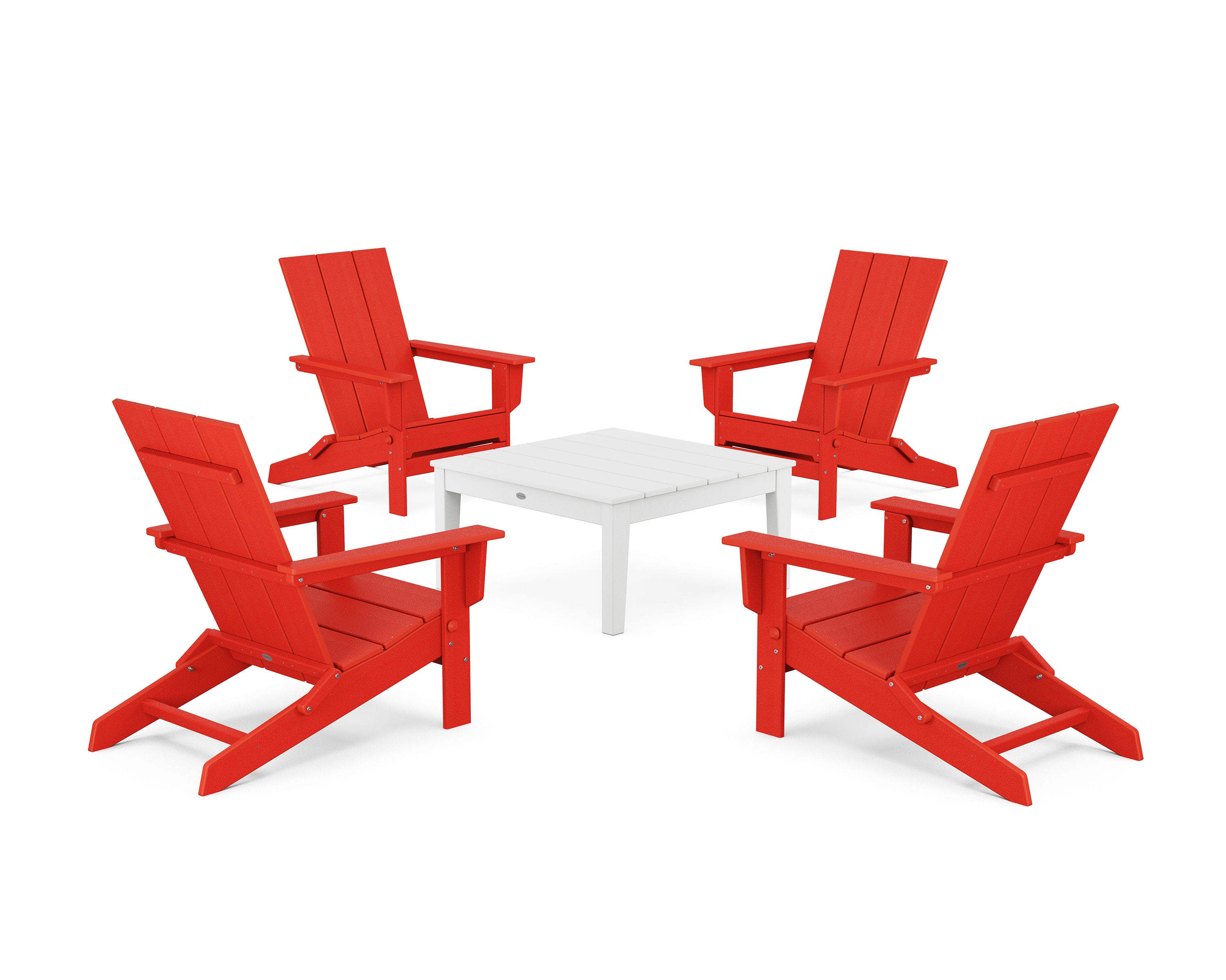 5-Piece Modern Studio Folding Adirondack Chair Conversation Group in Sunset Red / White