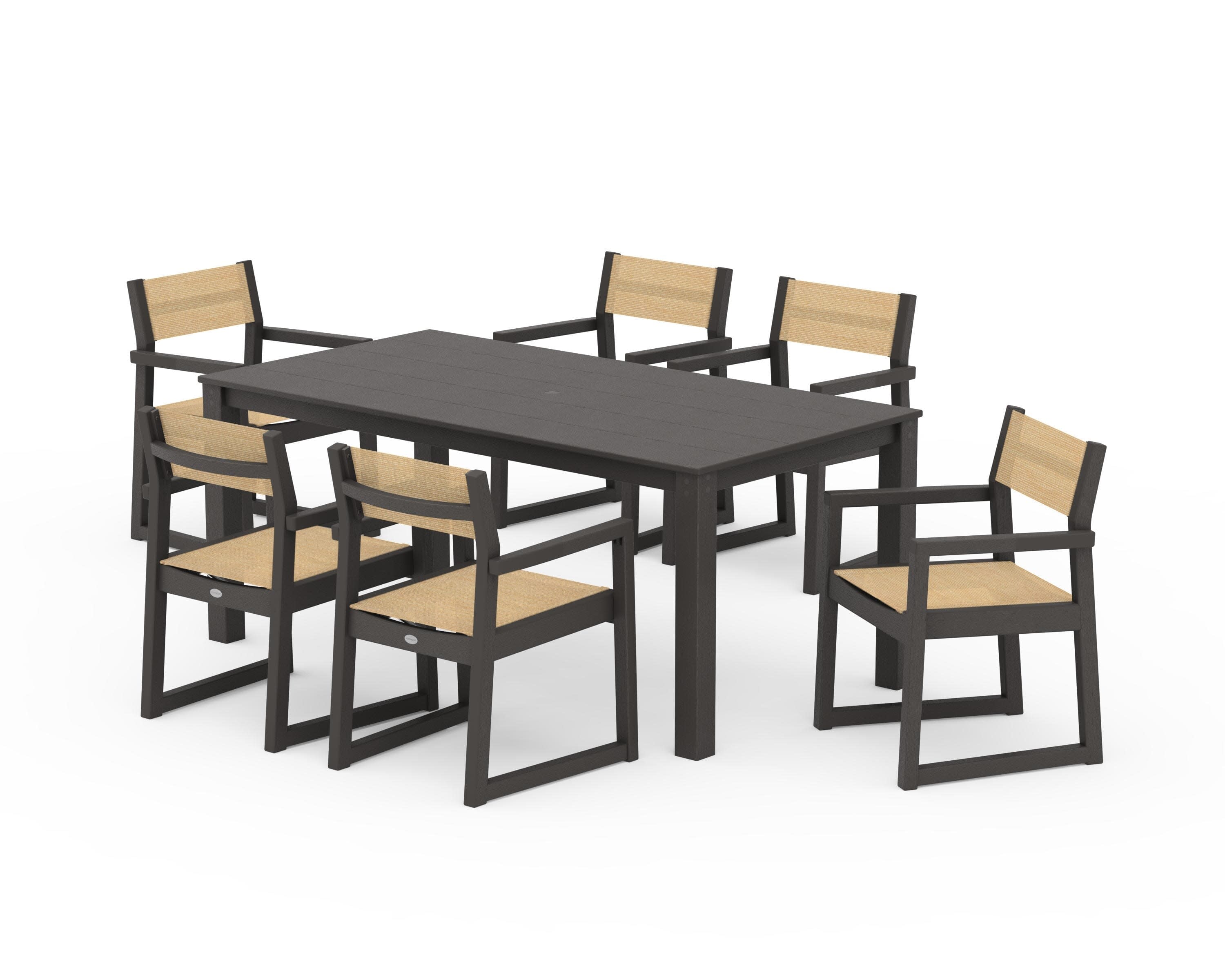 EDGE Sling Arm Chair 7-Piece Parsons Dining Set in Vintage Coffee / Dupioni Apricot Sling