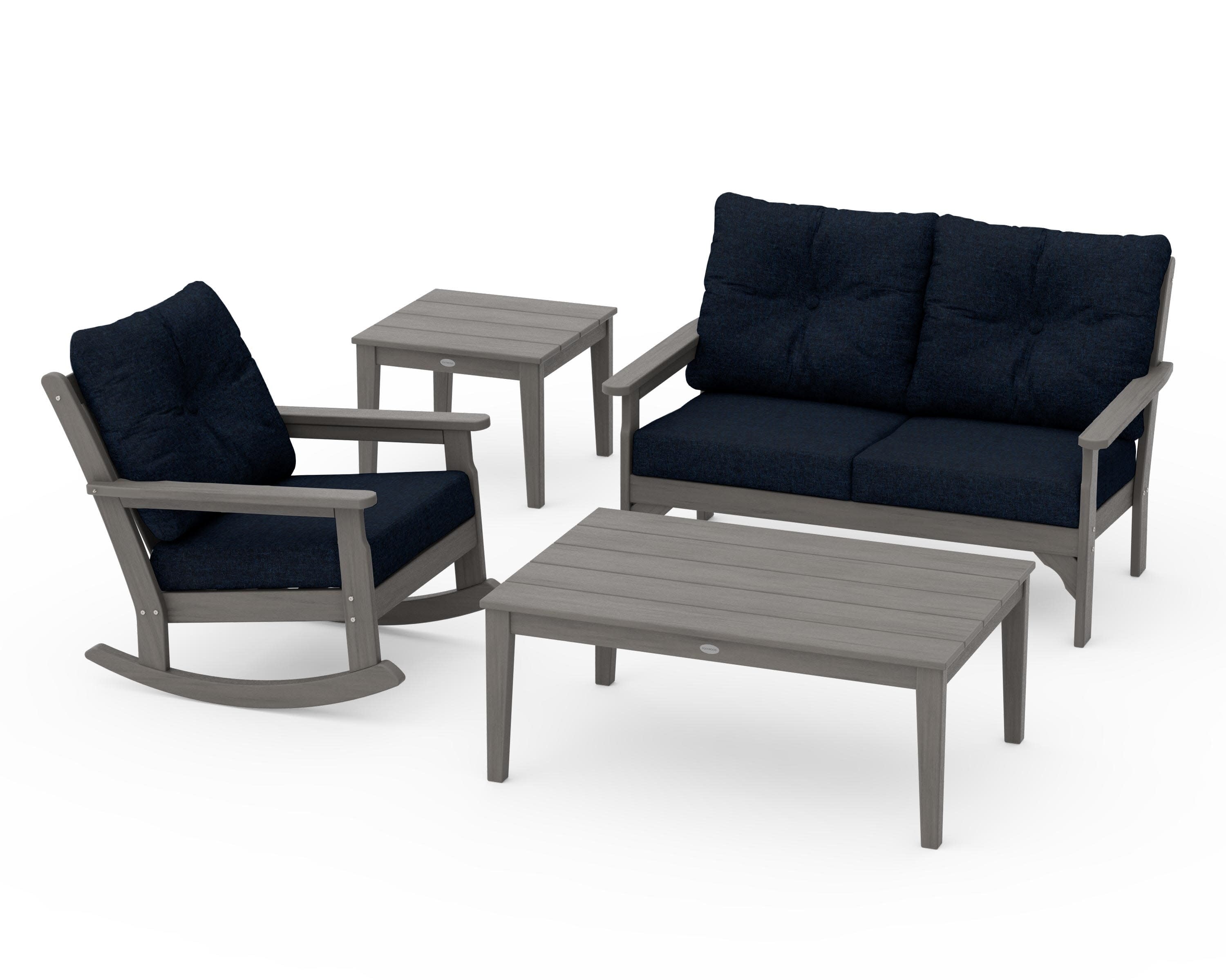 Vineyard 4-Piece Deep Seating Rocker Set in Driftwood / Marine Indigo