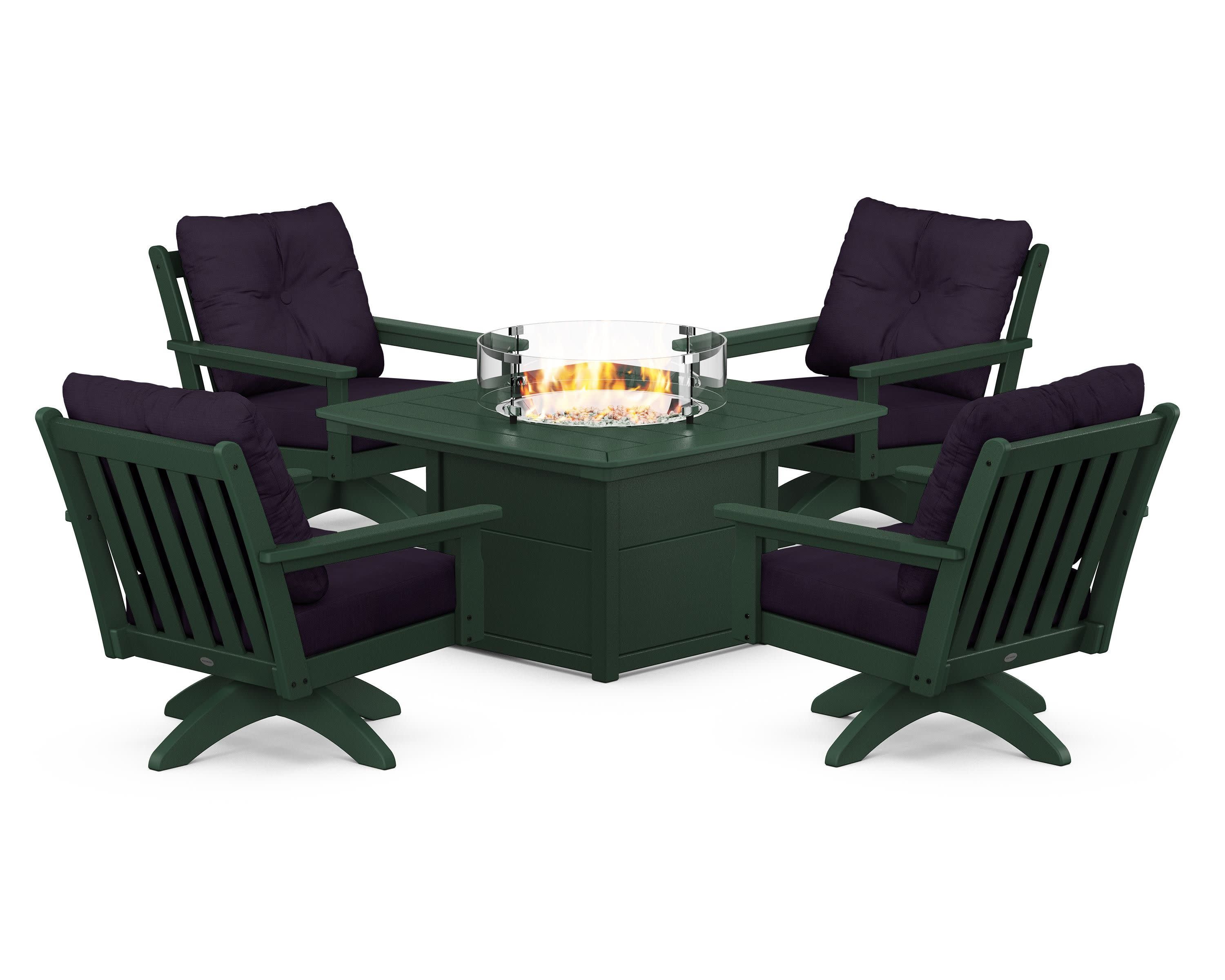 Vineyard 5-Piece Deep Seating Swivel Conversation Set with Fire Pit Table in Green / Navy Linen