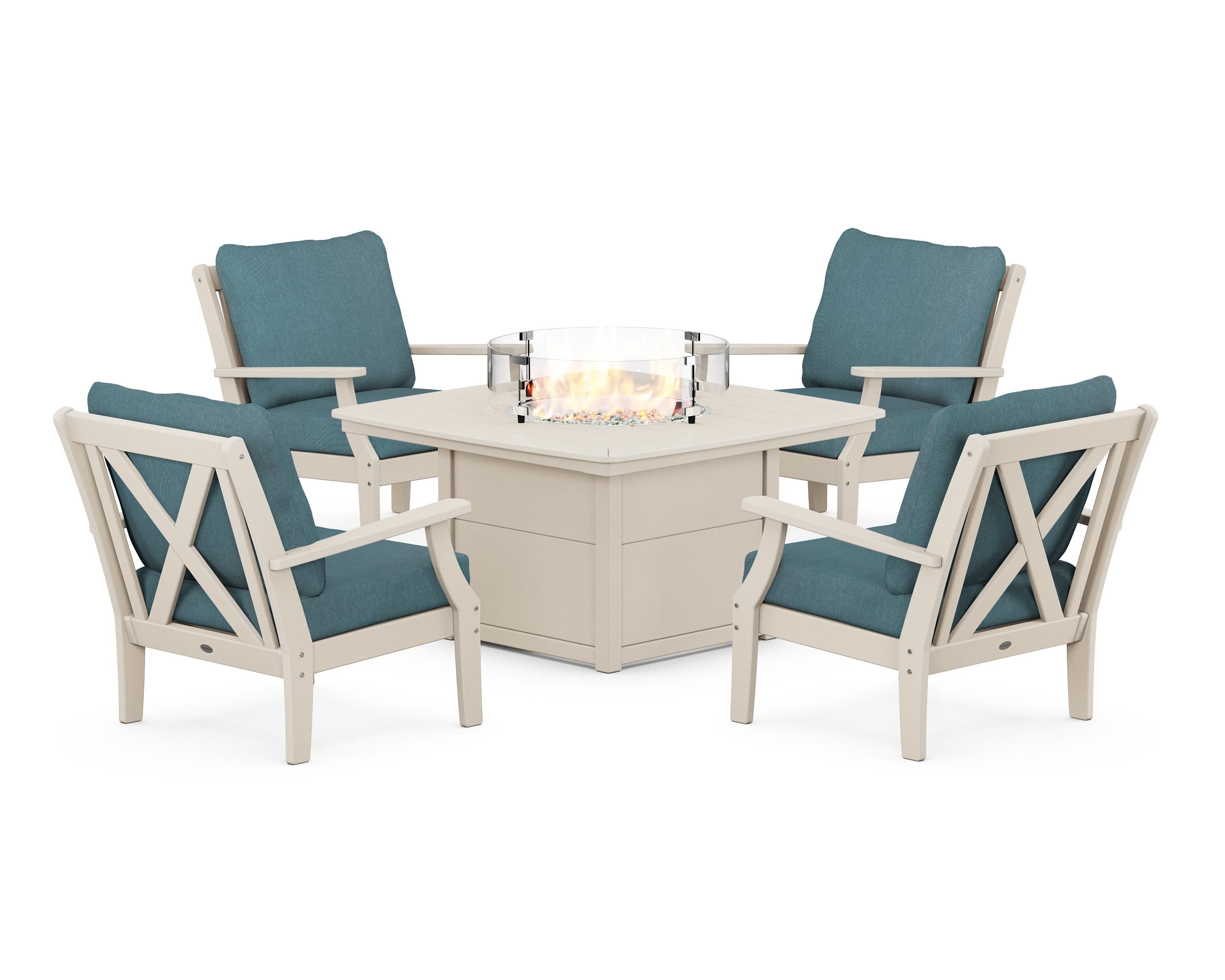 Braxton 5-Piece Deep Seating Conversation Set with Fire Pit Table in Sand / Ocean Teal
