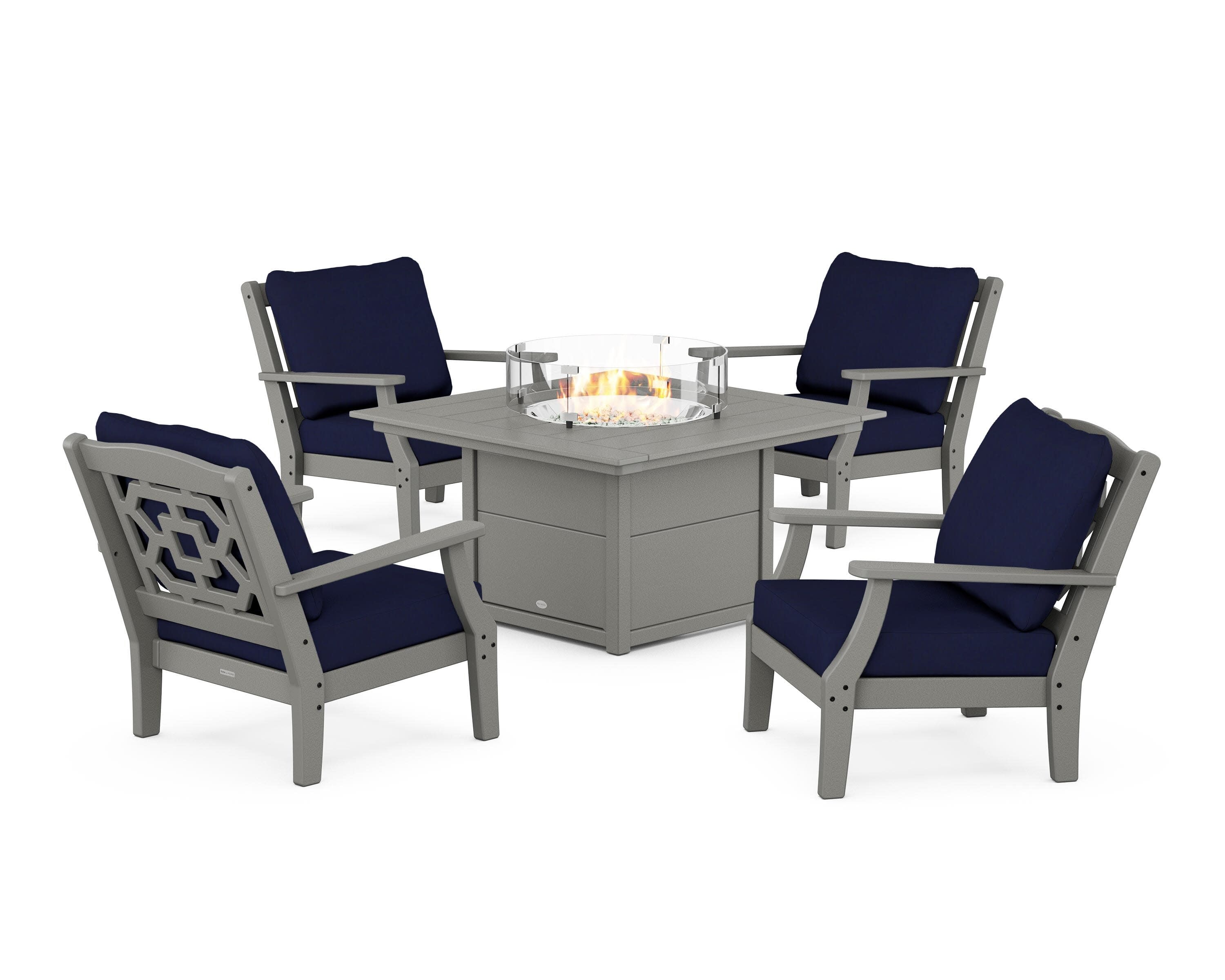 Chinoiserie 5-Piece Deep Seating Set with Fire Pit Table in Slate Grey / Navy