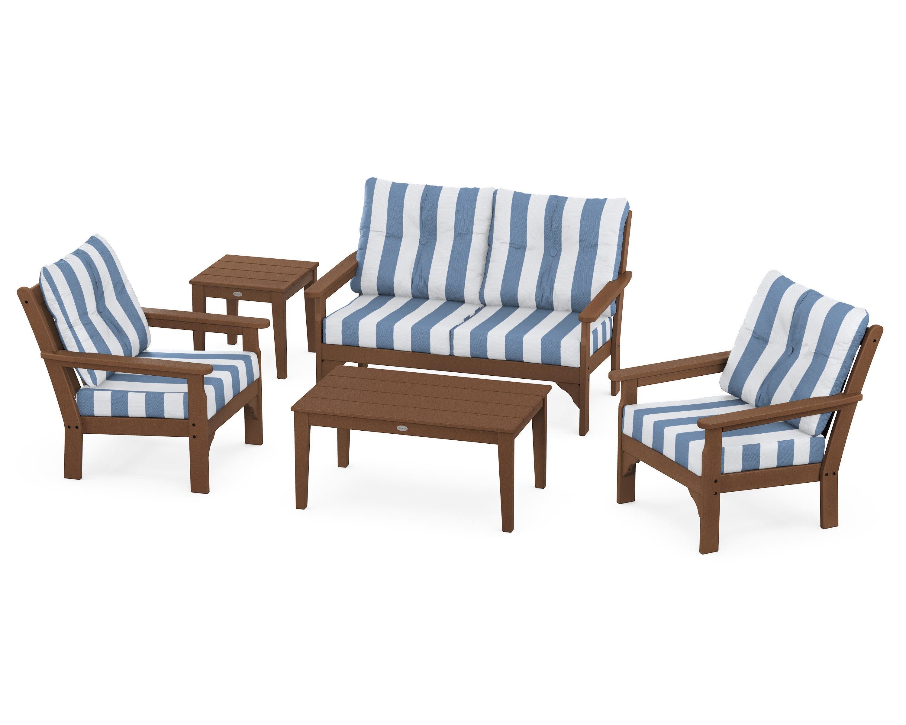 Vineyard 5-Piece Deep Seating Set in Teak / Cabana Stripe Sky Blue
