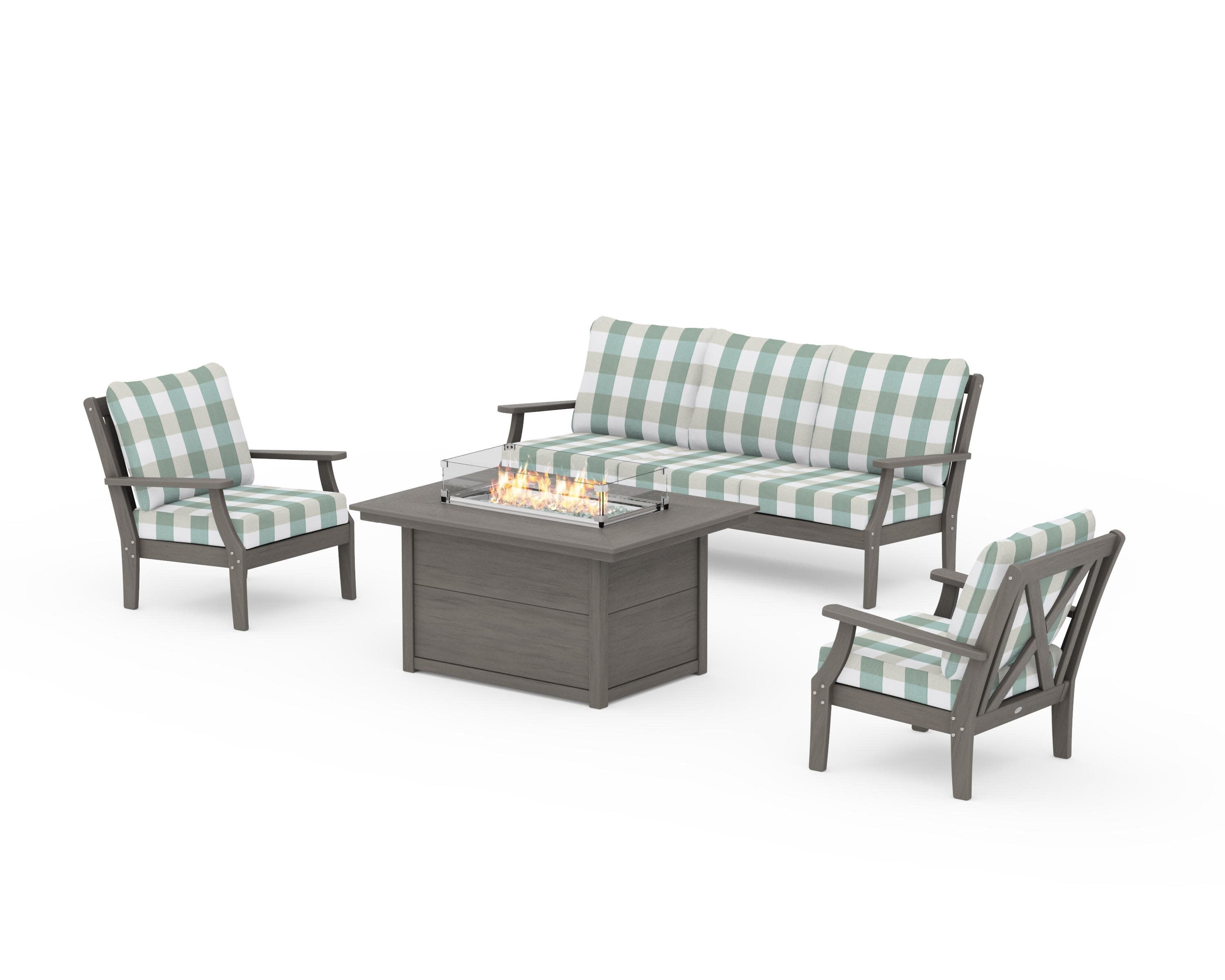 Braxton Deep Seating Fire Pit Table Set in Driftwood / Buffalo Plaid Glacier Spa