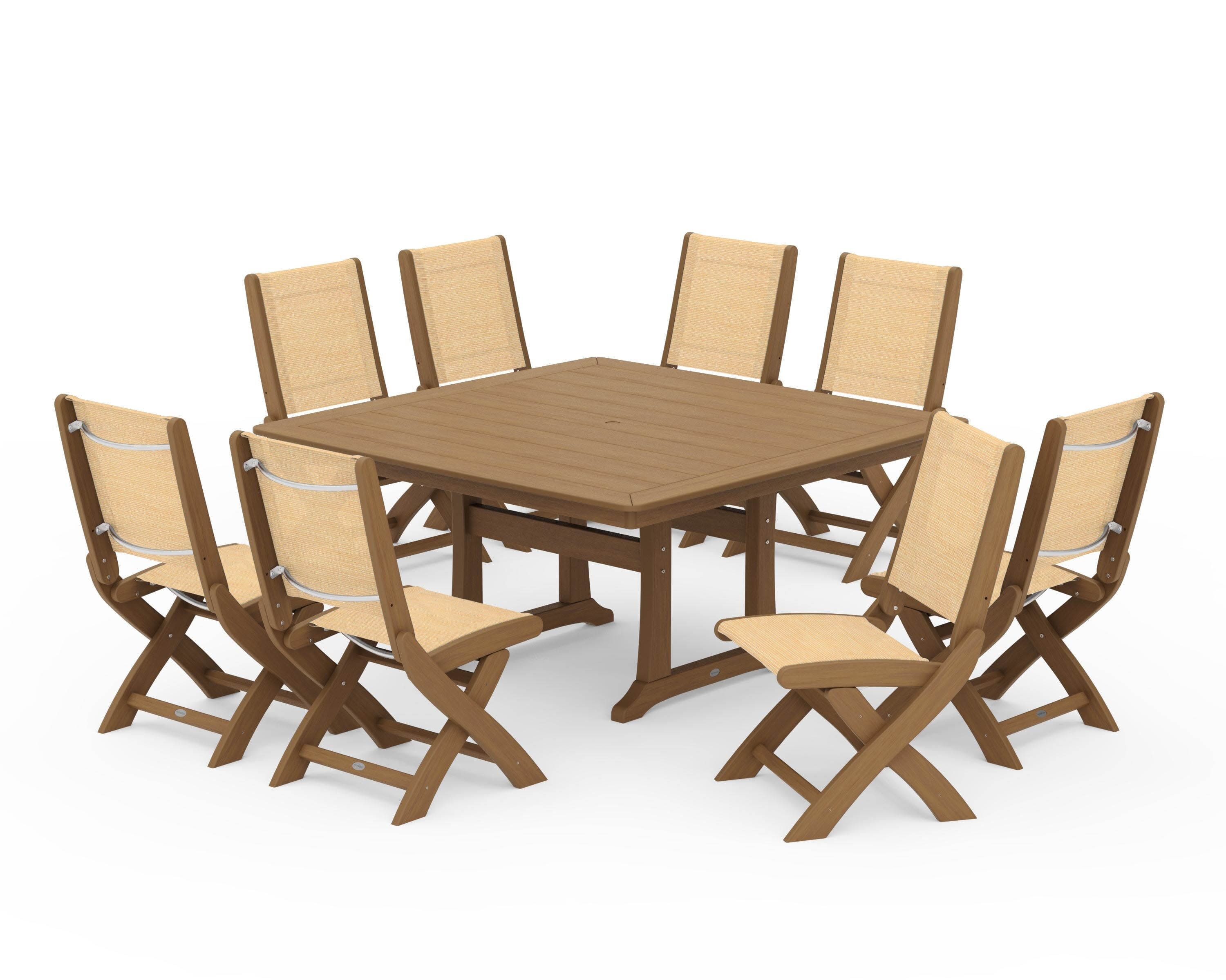 Coastal Folding Side Chair 9-Piece Dining Set with Trestle Legs in Natural / Dupioni Apricot Sling