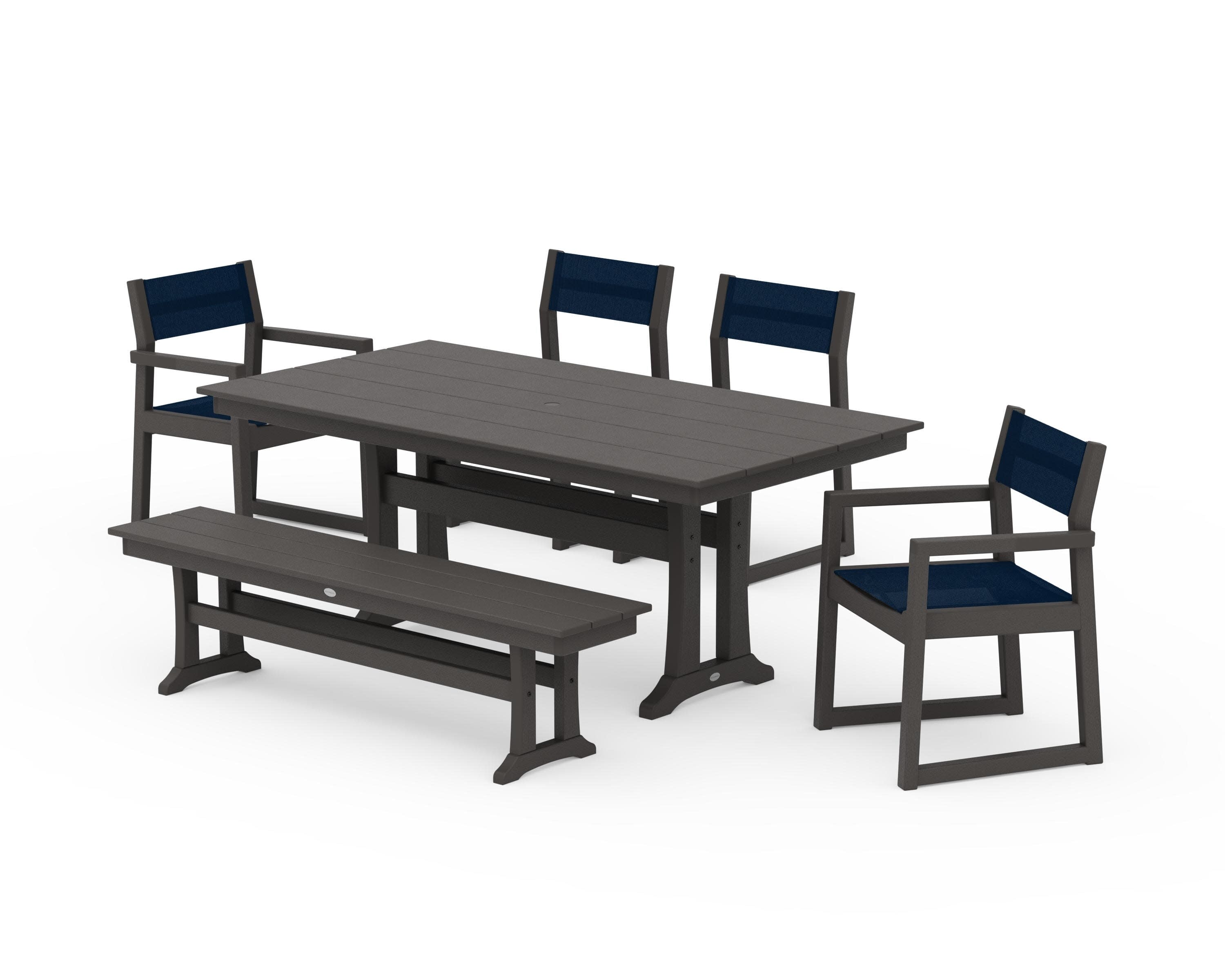 EDGE Sling 6-Piece Farmhouse Dining Set With Trestle Legs in Vintage Coffee / Navy Blue Sling