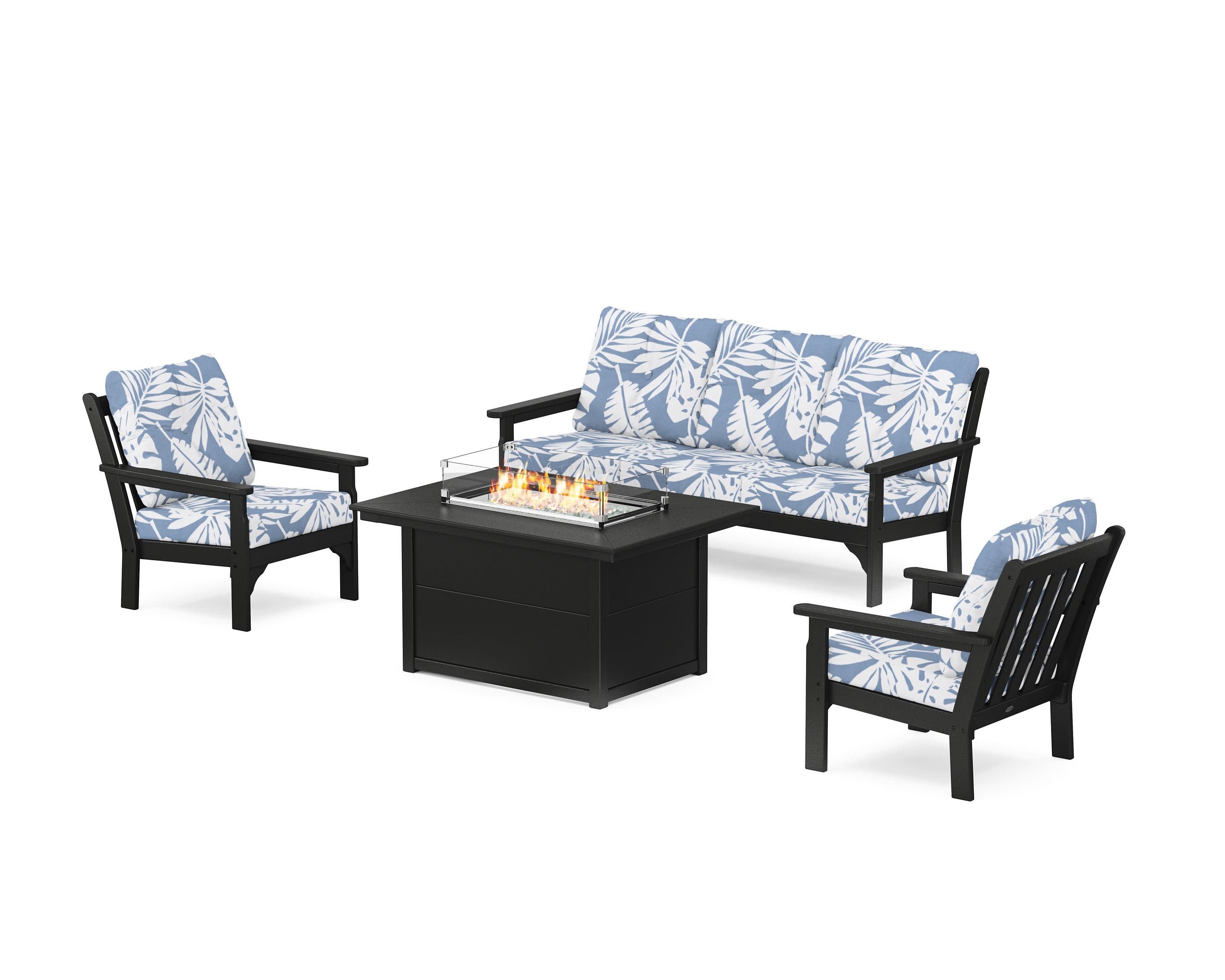 Vineyard Deep Seating Fire Pit Table Set in Black / Leaf Sky Blue