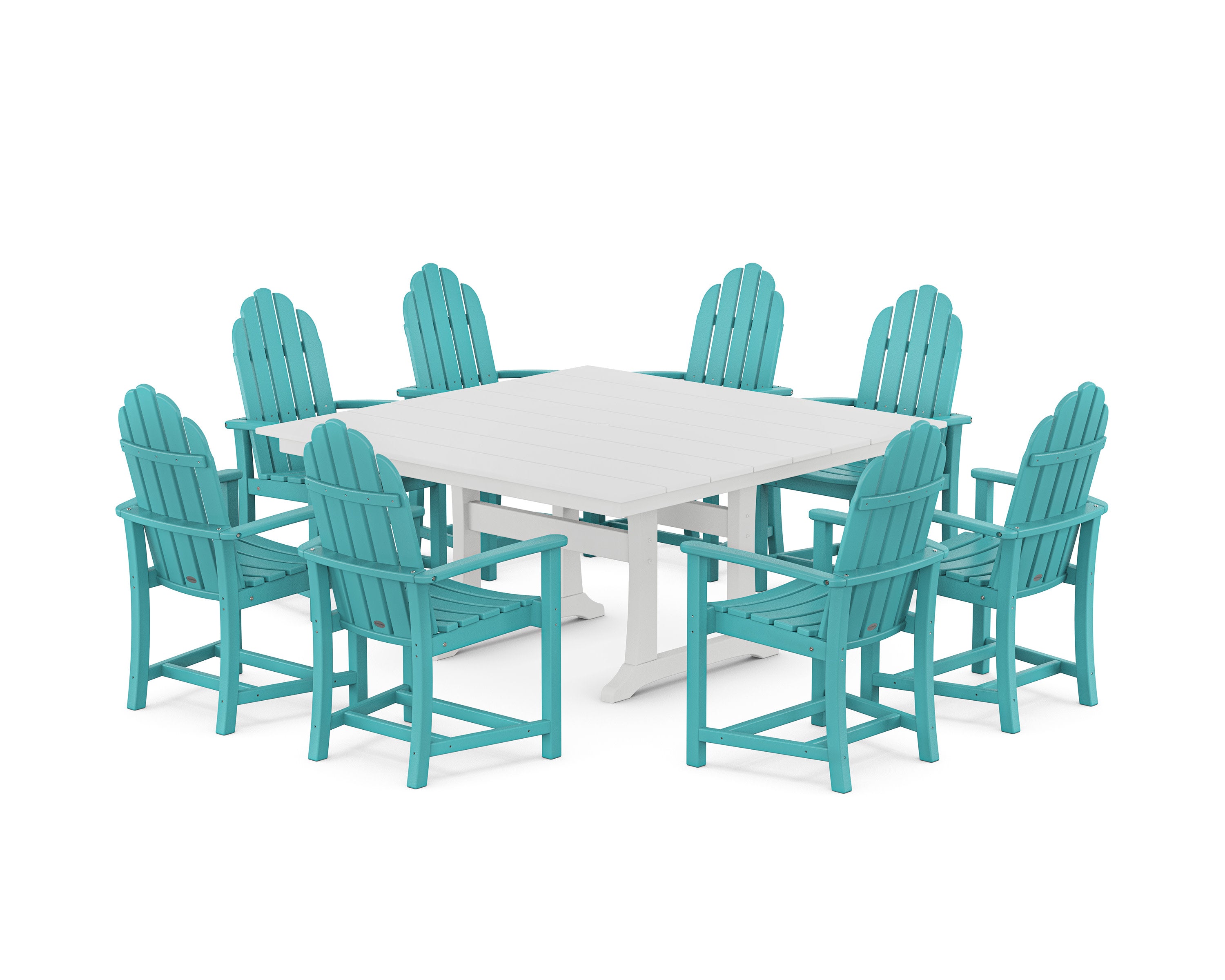 Classic Adirondack 9-Piece Square Farmhouse Dining Set with Trestle Legs in Aruba / White