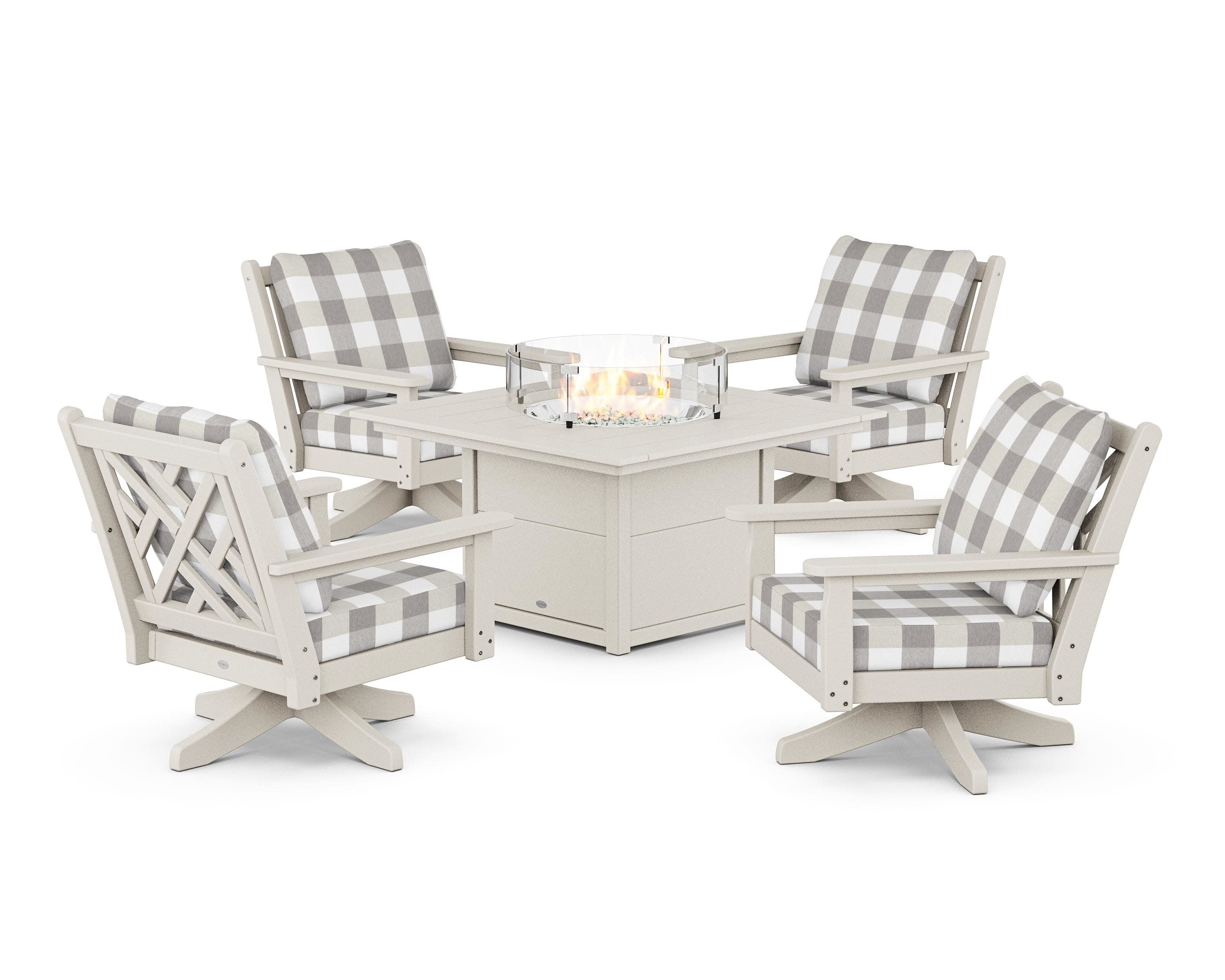 Chippendale 5-Piece Deep Seating Swivel Conversation Set with Fire Pit Table in Sand / Buffalo Plaid Grey Mist