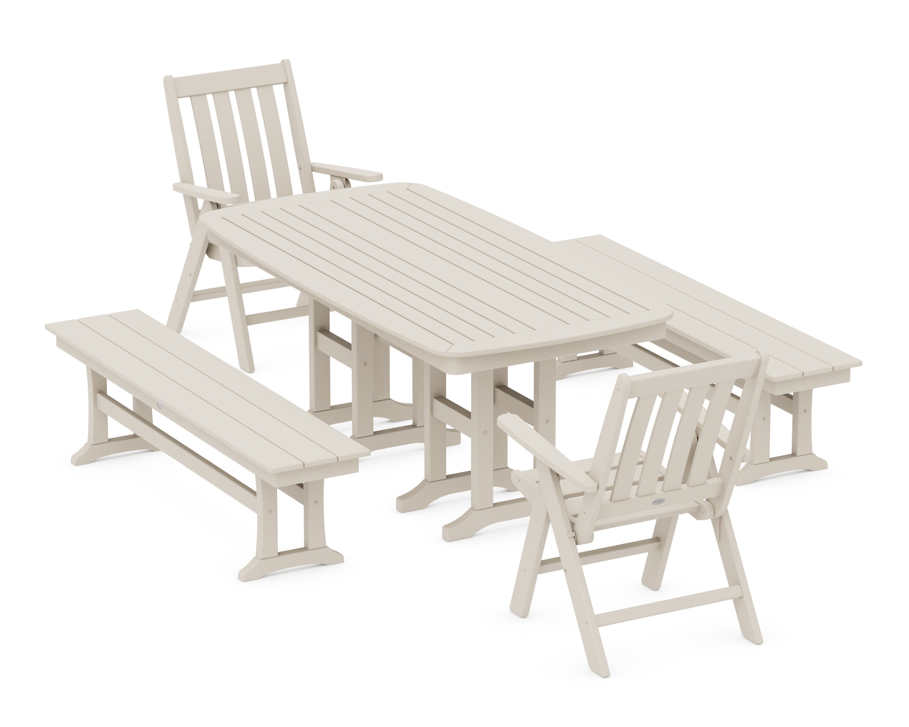 Vineyard Folding Chair 6-Piece Dining Set with Benches in Sand