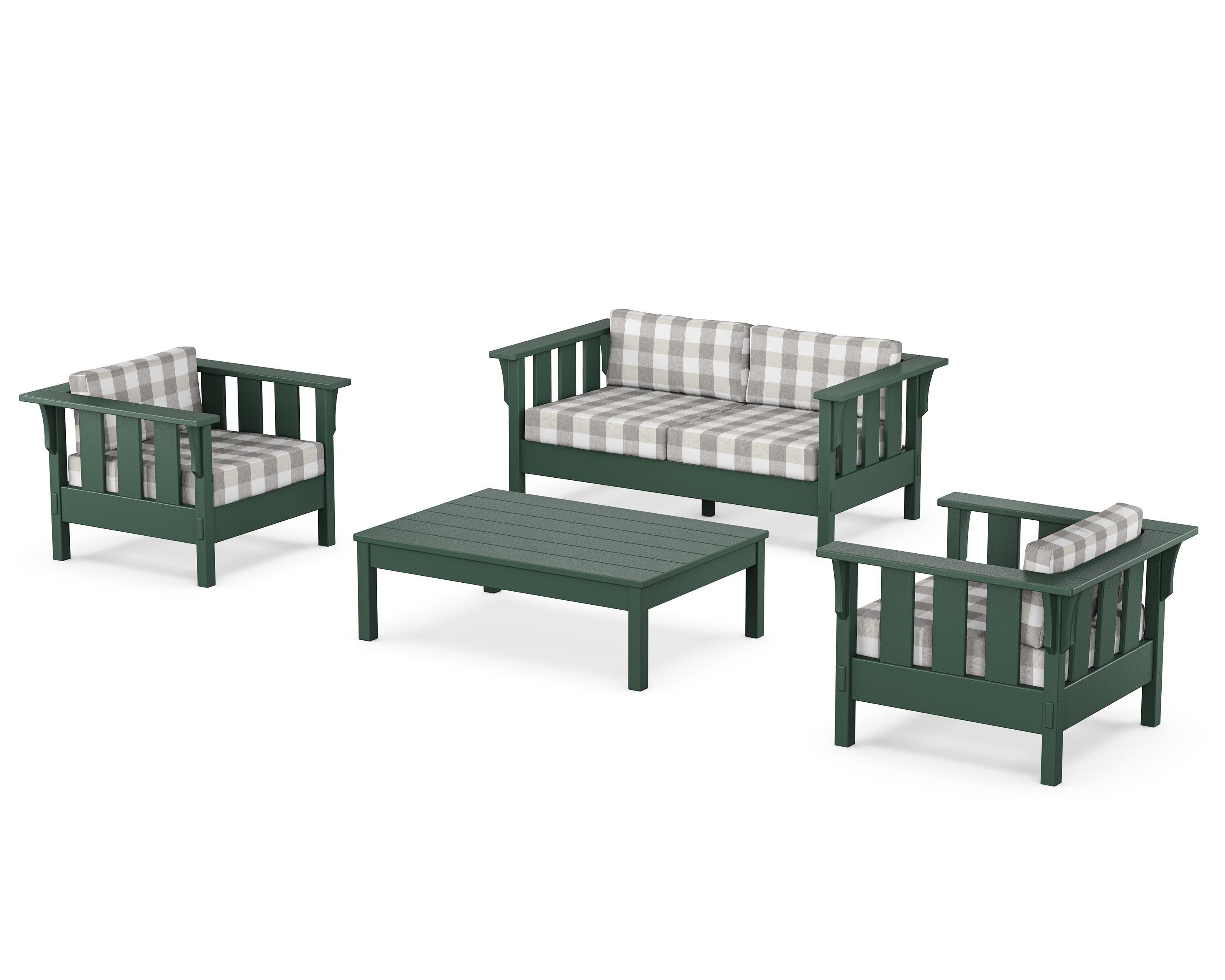 Acadia 4-Piece Deep Seating Set with Loveseat in Green / Buffalo Plaid Grey Mist