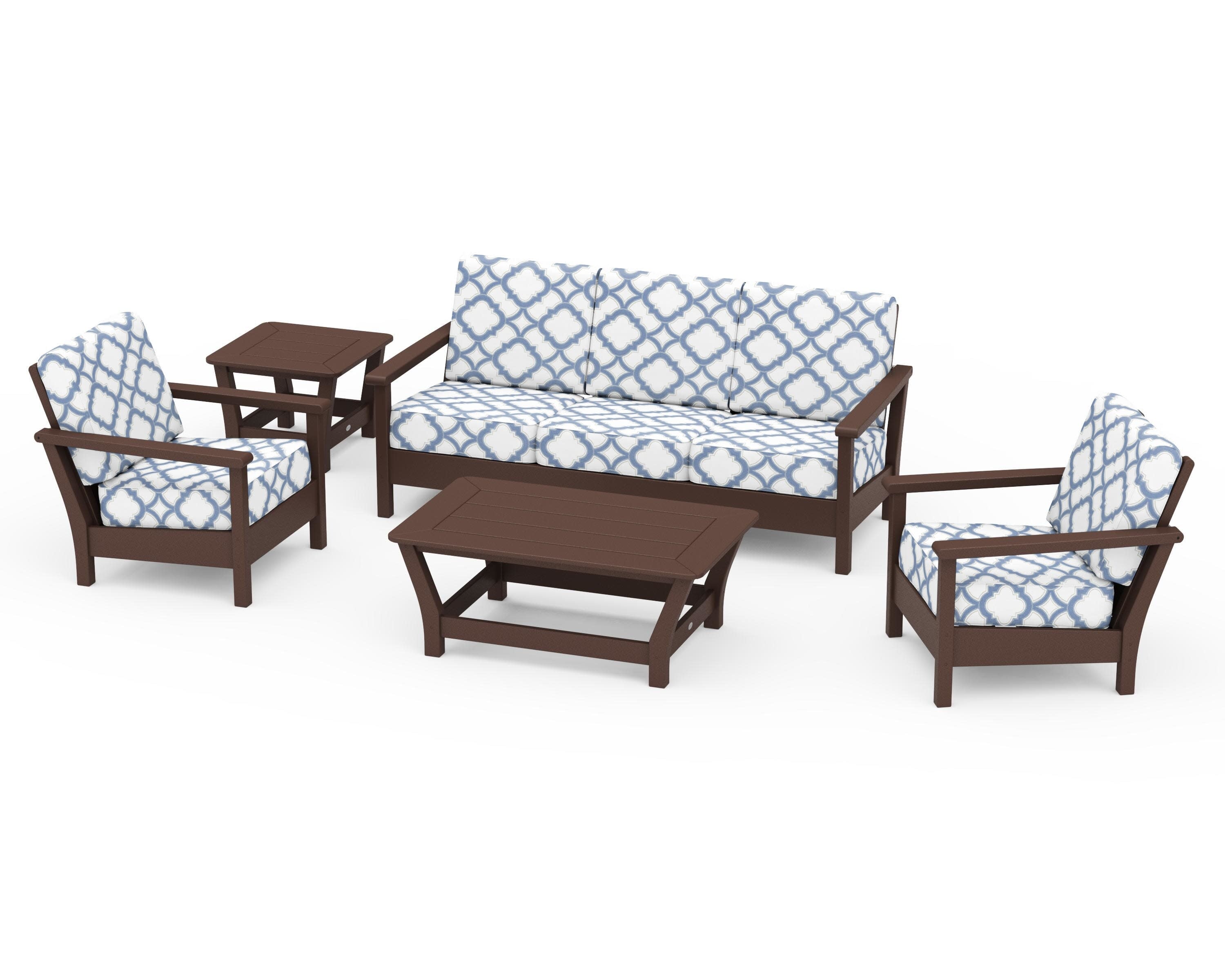 Harbour 5-Piece Deep Seating Set in Mahogany / Trellis Sky Blue