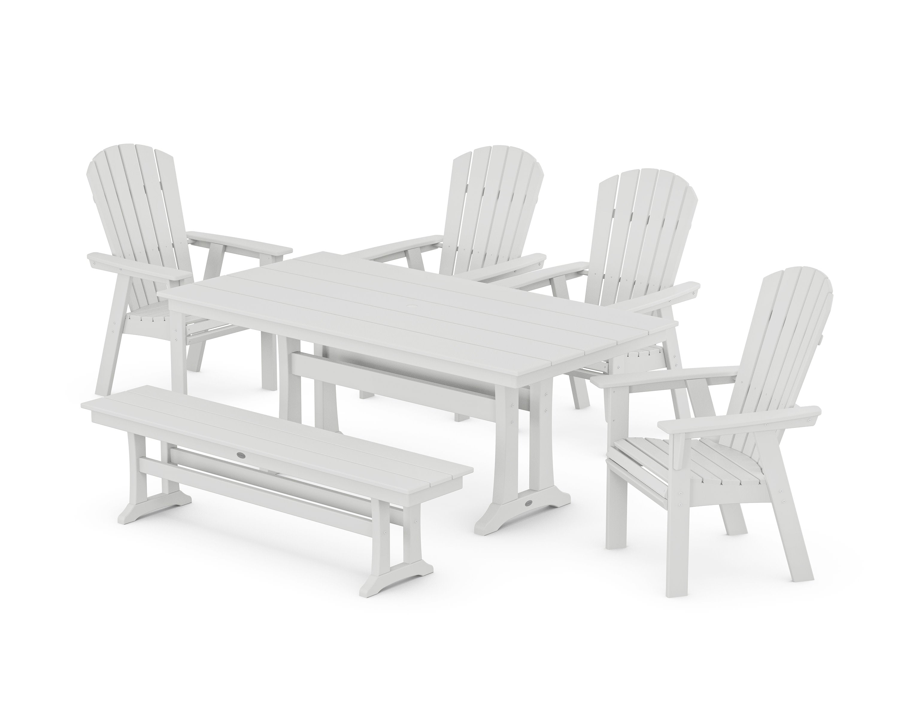 Nautical Curveback Adirondack 6-Piece Farmhouse Dining Set with Trestle Legs and Bench in White