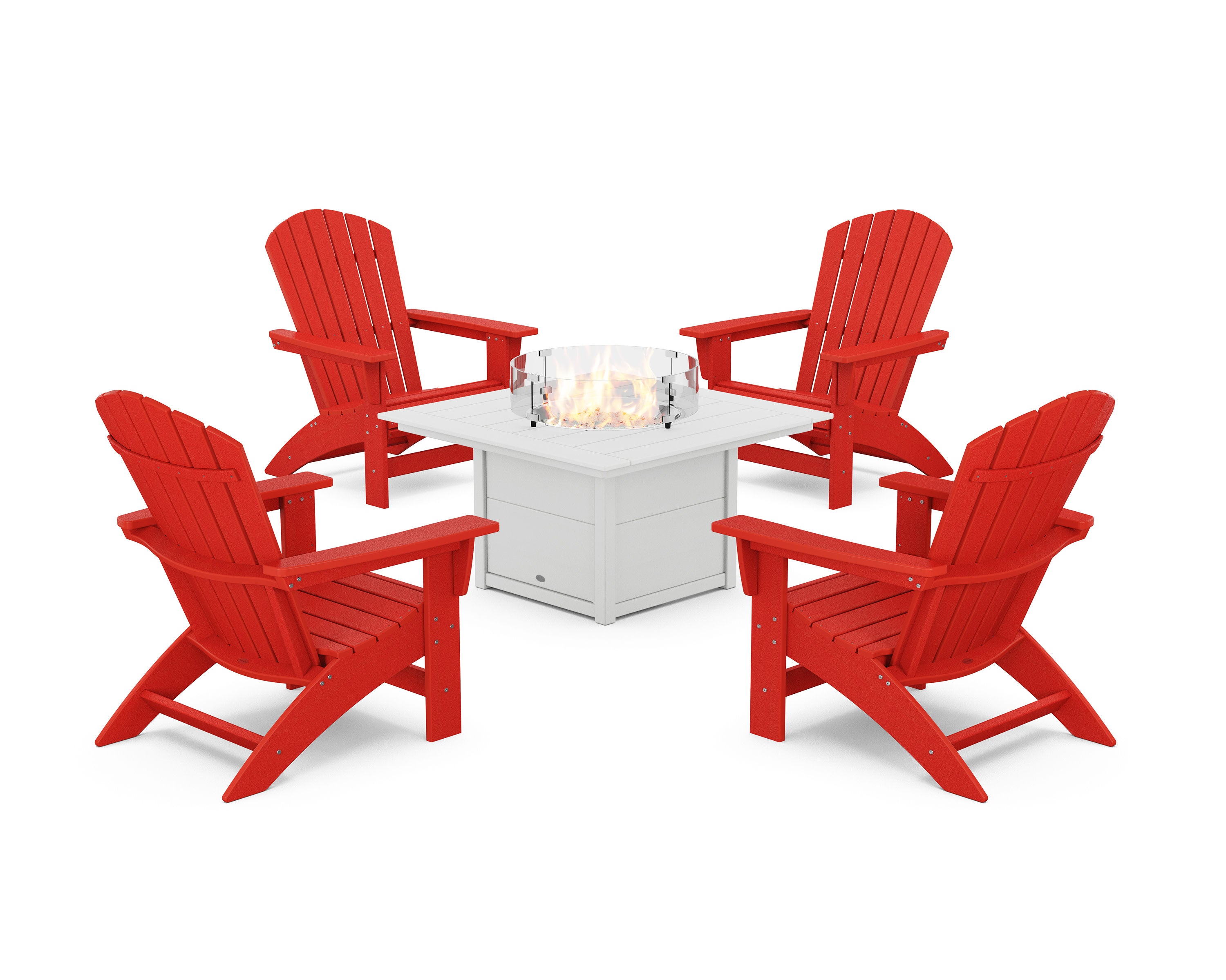 5-Piece Nautical Grand Adirondack Conversation Set with Fire Pit Table in Sunset Red / White