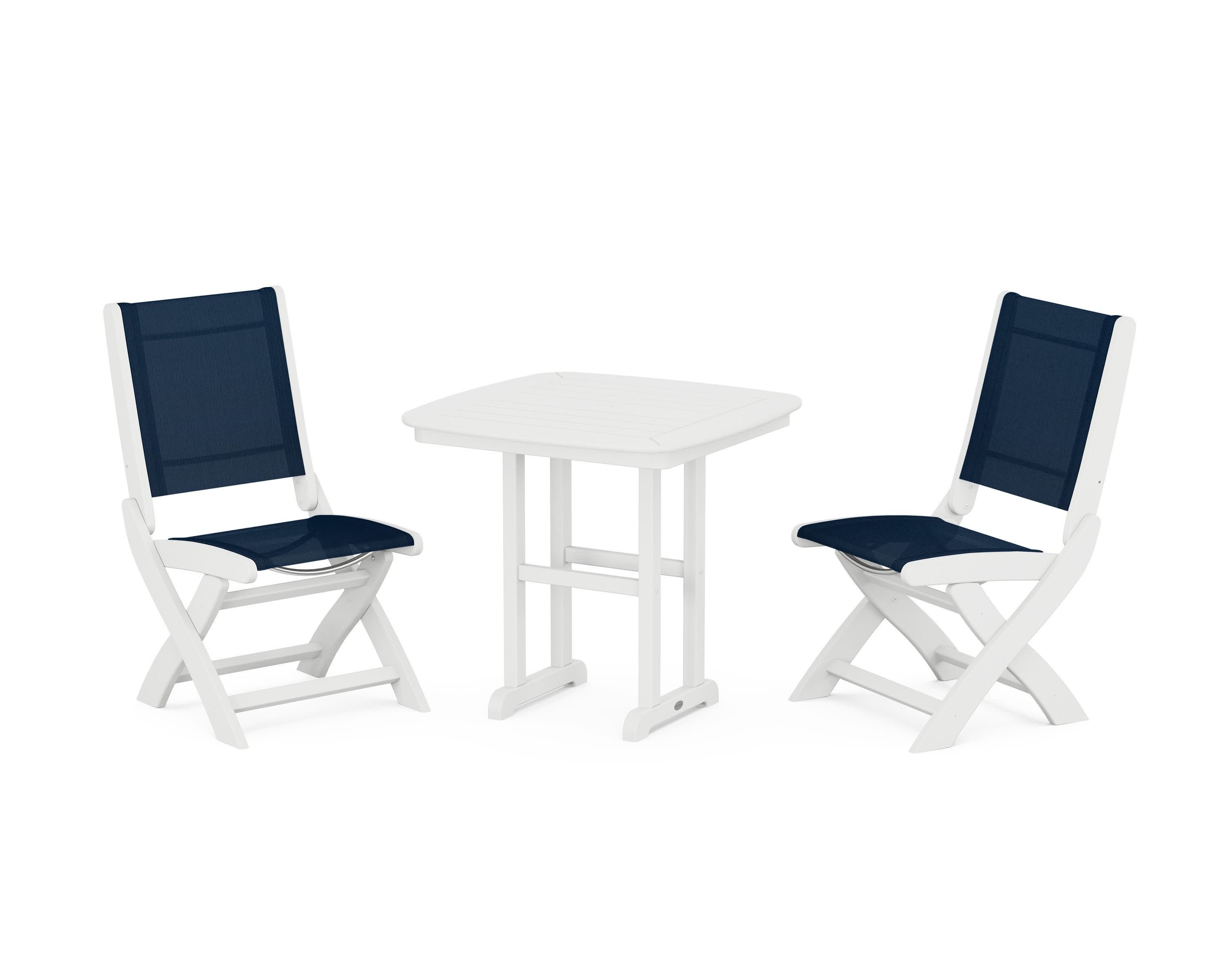 Coastal Folding Side Chair 3-Piece Dining Set in White / Navy Blue Sling