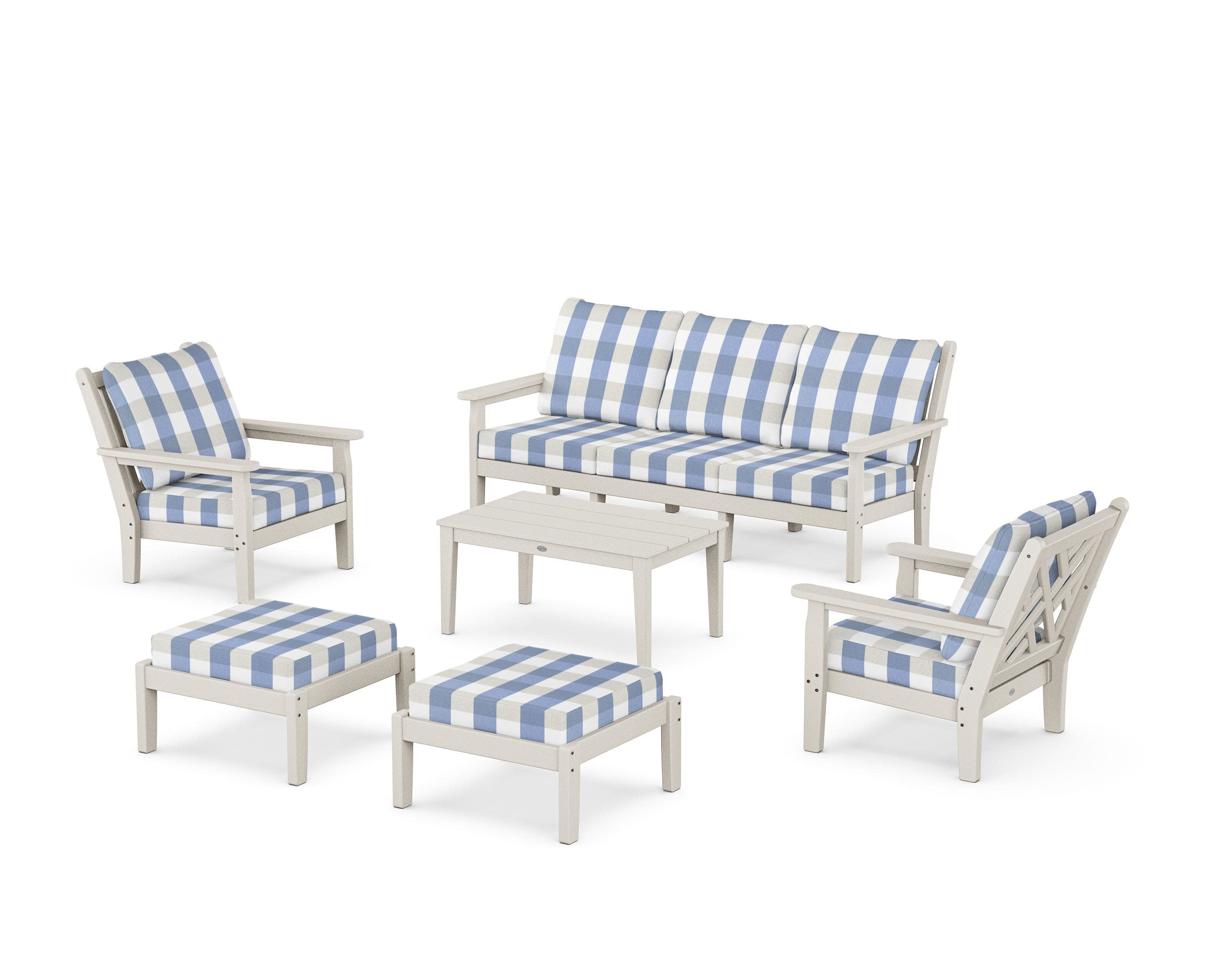 Chippendale 6-Piece Lounge Sofa Set in Sand / Buffalo Plaid Sky Blue