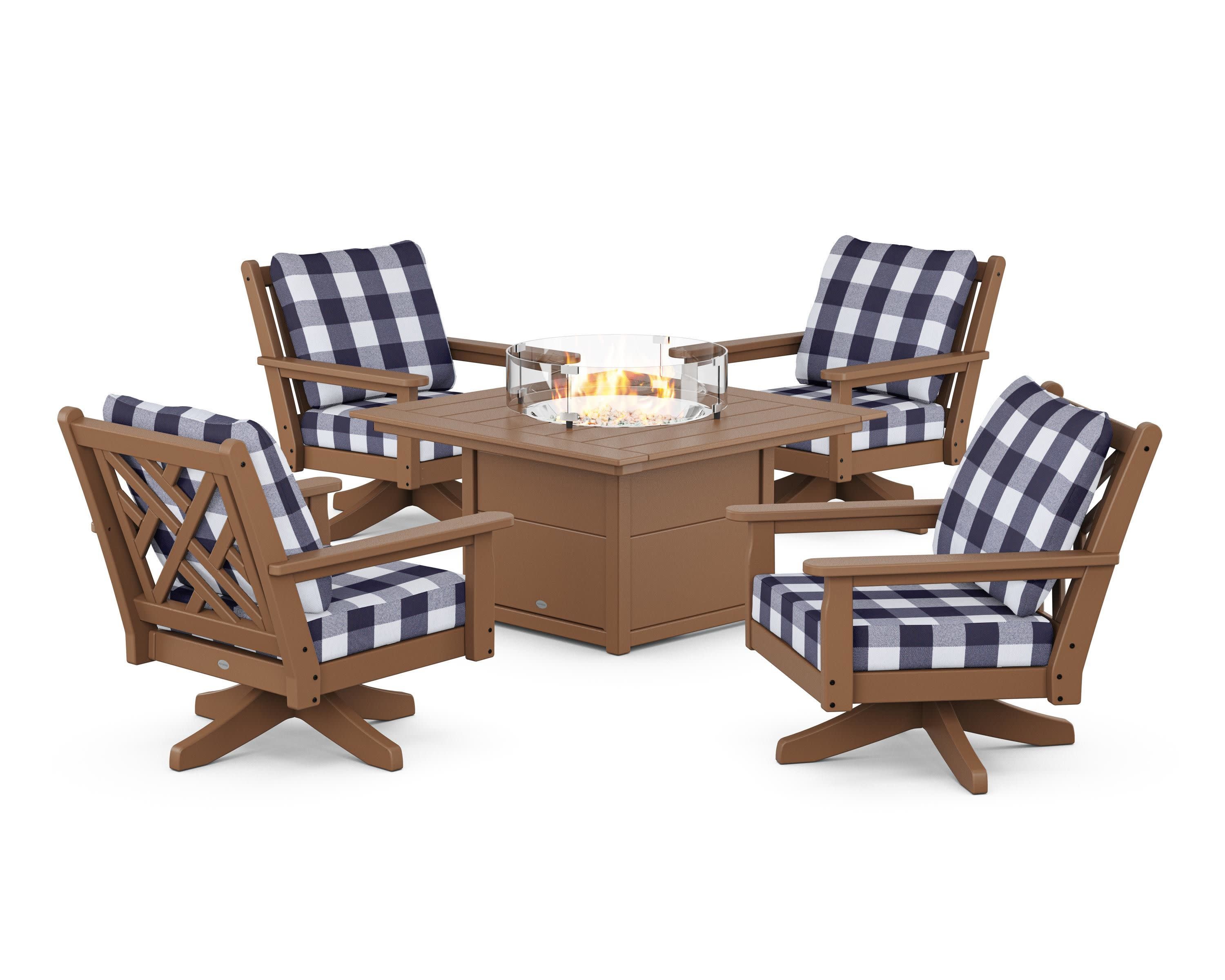 Chippendale 5-Piece Deep Seating Swivel Conversation Set with Fire Pit Table in Teak / Buffalo Plaid Navy