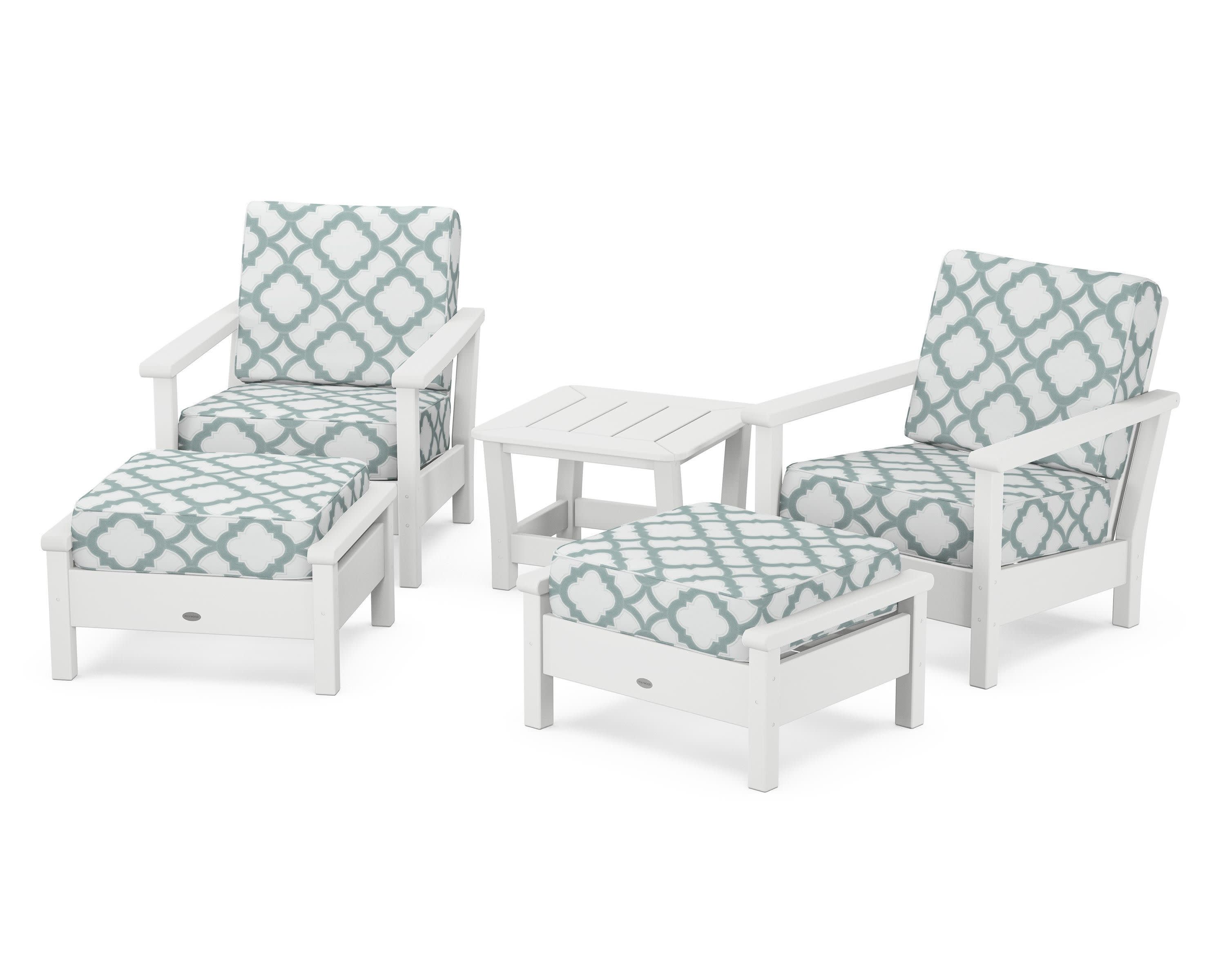 Harbour 5-Piece Deep Seating Chair Set in White / Trellis Glacier Spa