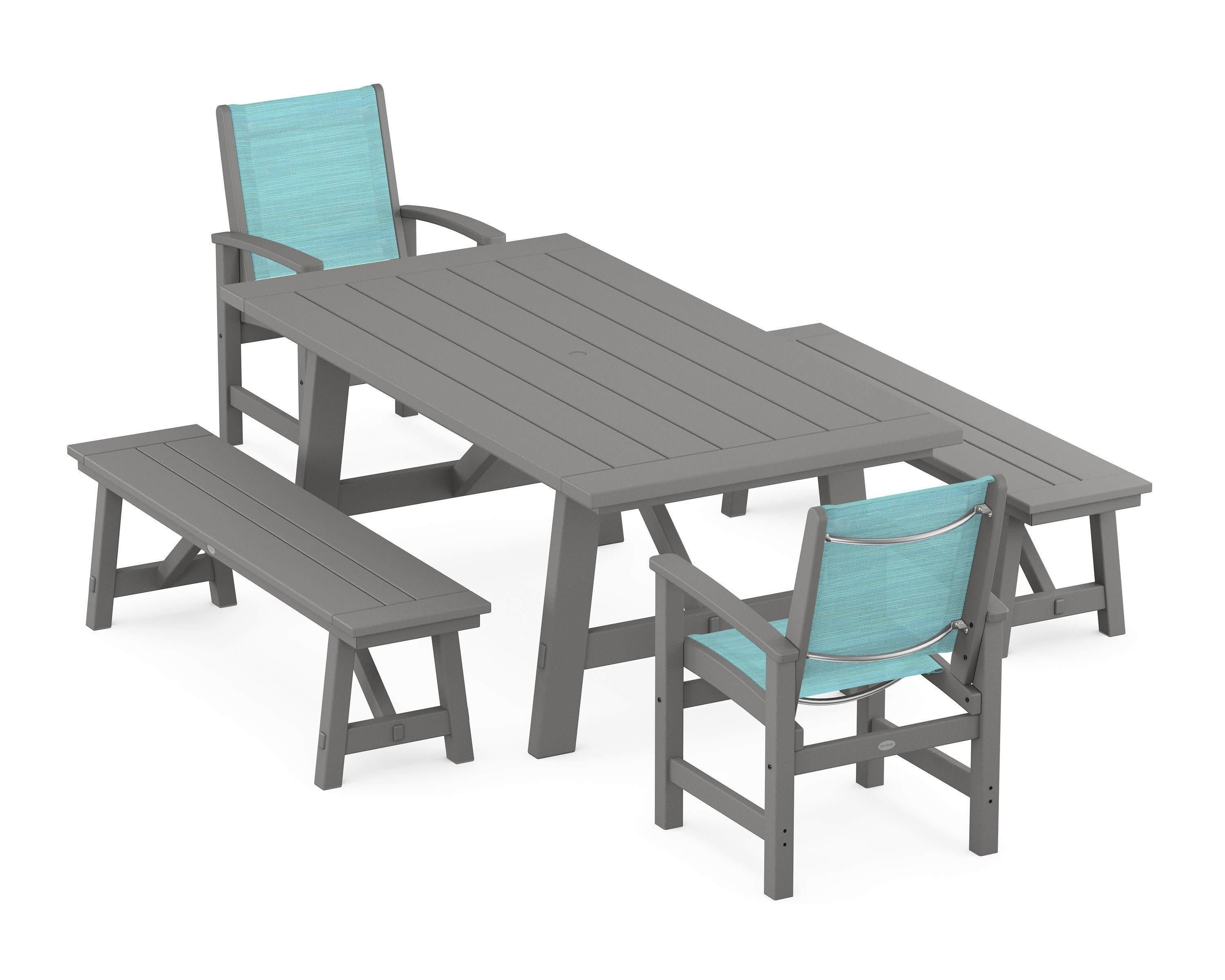 Coastal 5-Piece Rustic Farmhouse Dining Set With Benches in Slate Grey / Dupioni Aquamarine Sling