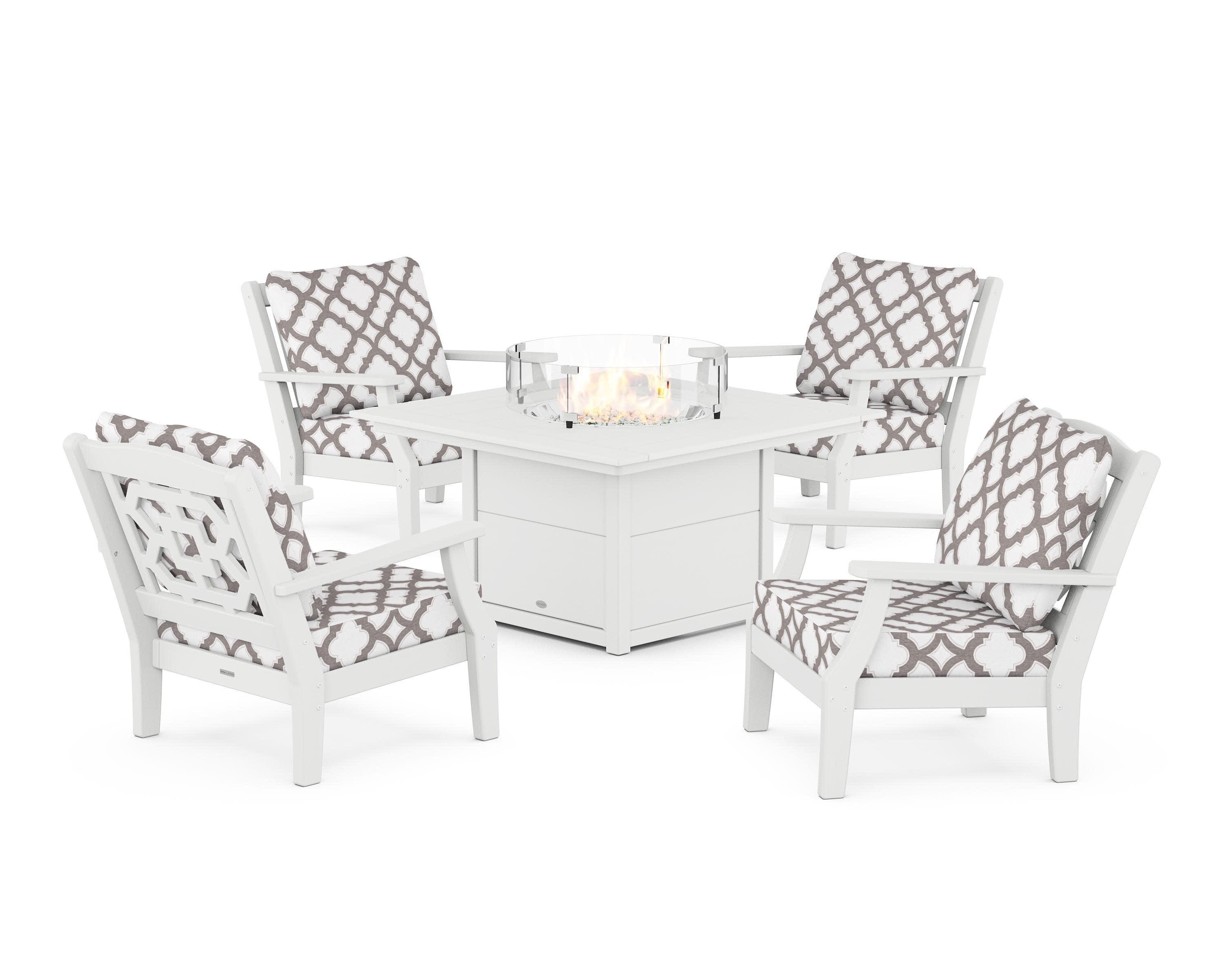 Chinoiserie 5-Piece Deep Seating Set with Fire Pit Table in White / Trellis Grey Mist