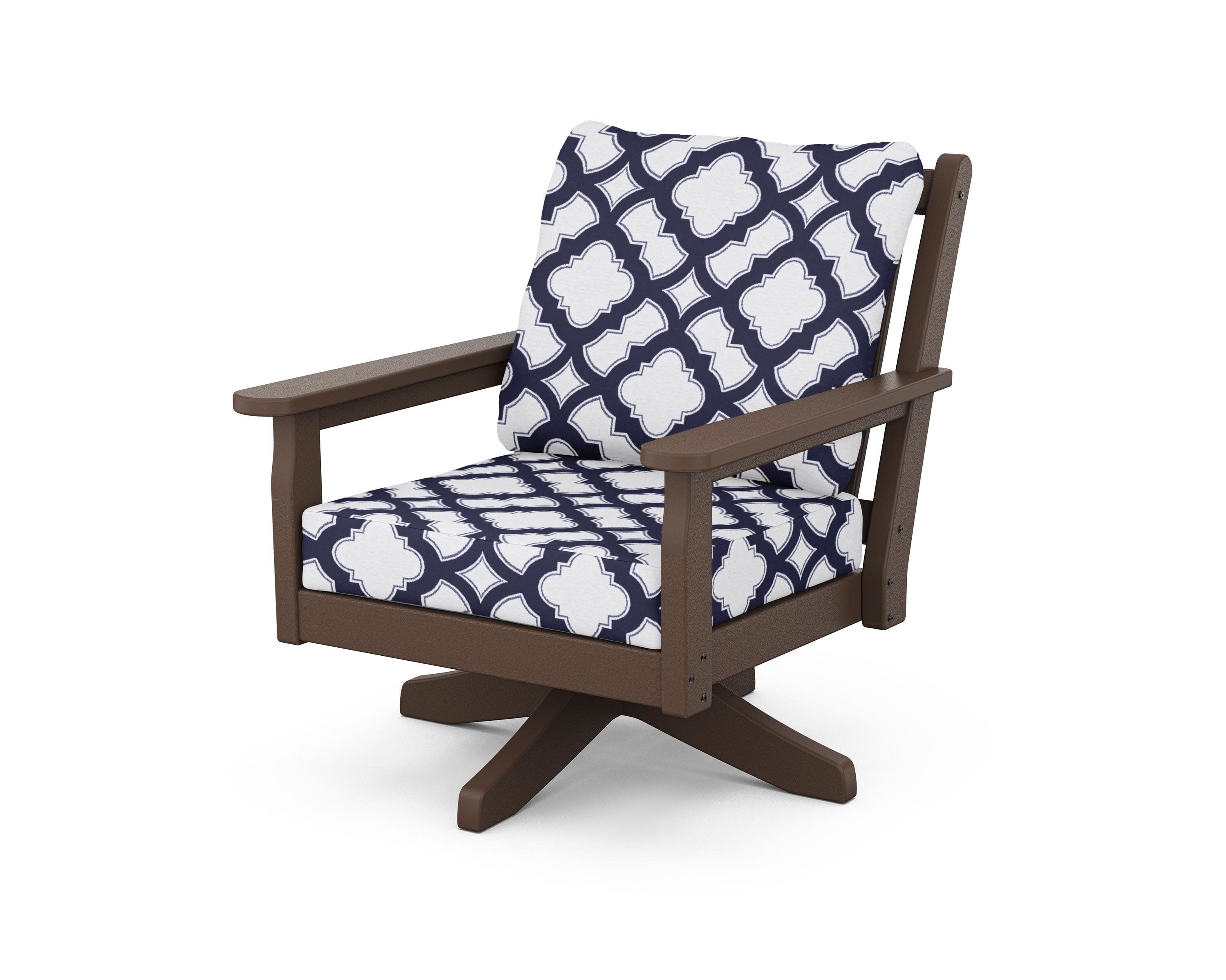 Chippendale Deep Seating Swivel Chair in Mahogany / Trellis Navy
