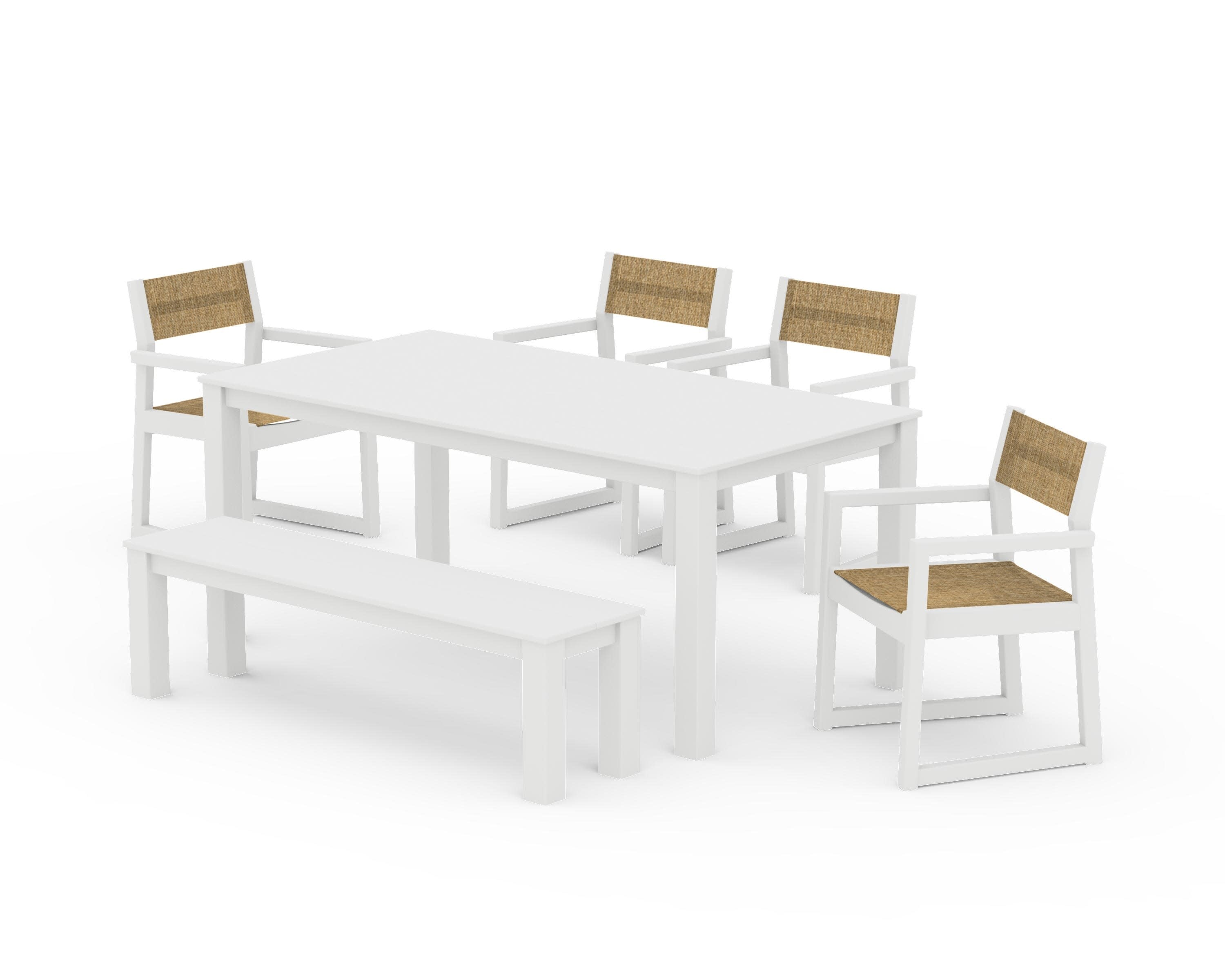 EDGE Sling Arm Chair 6-Piece Parsons Dining Set with Bench in White / Burlap Sling