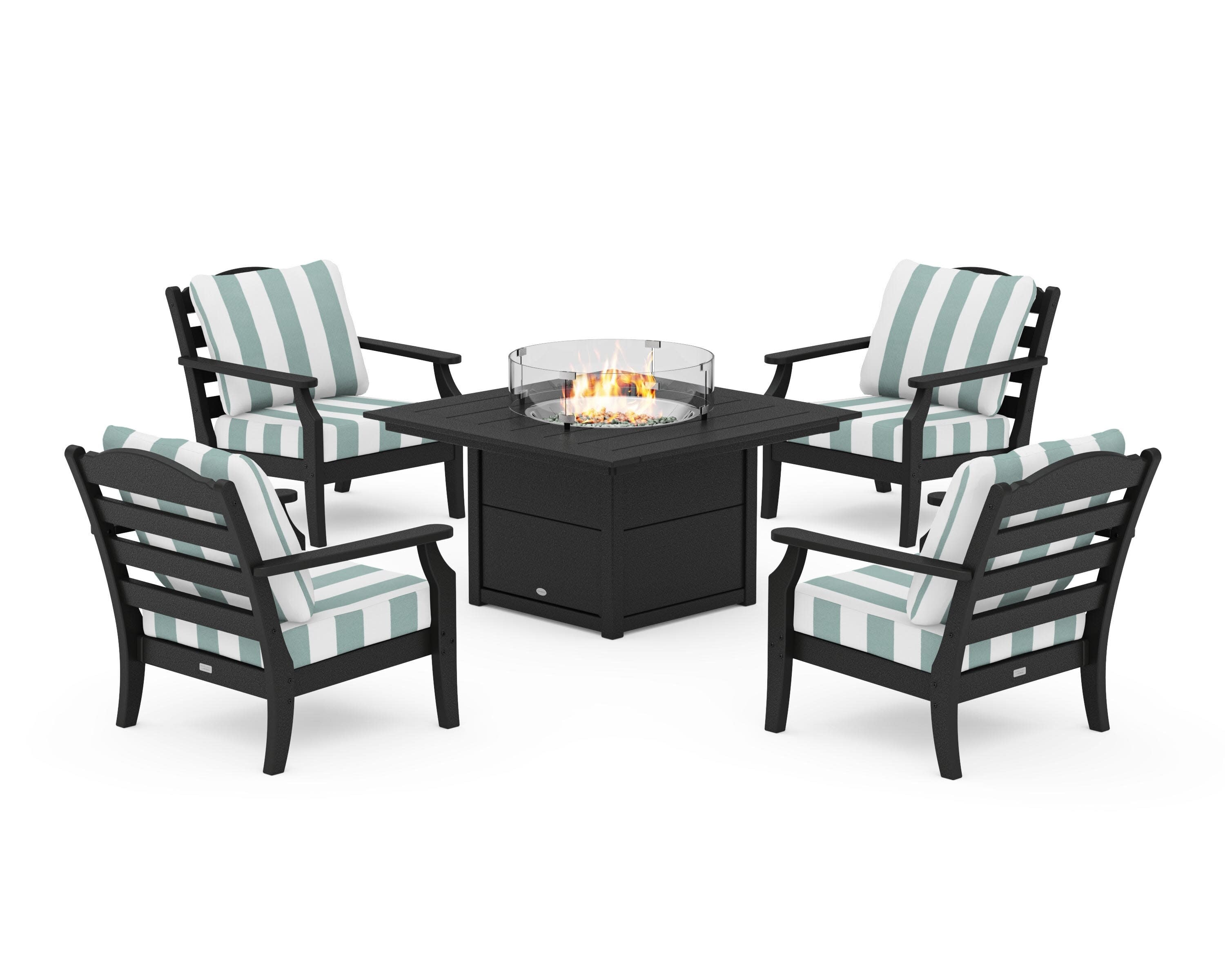 Savannah 5-Piece Deep Seating Set with Fire Pit Table in Black / Cabana Stripe Glacier Spa