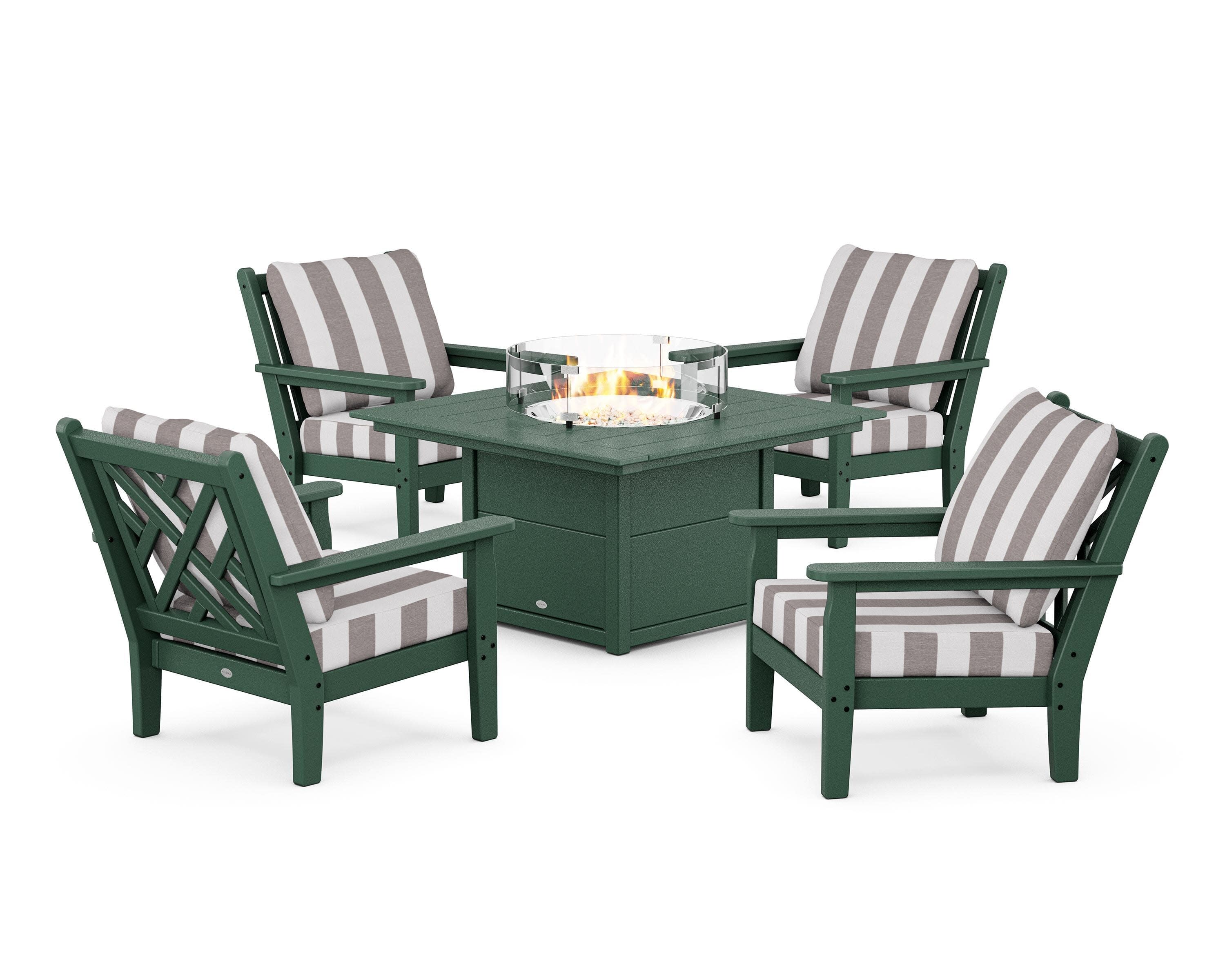 Chippendale 5-Piece Deep Seating Set with Fire Pit Table in Green / Cabana Stripe Grey Mist